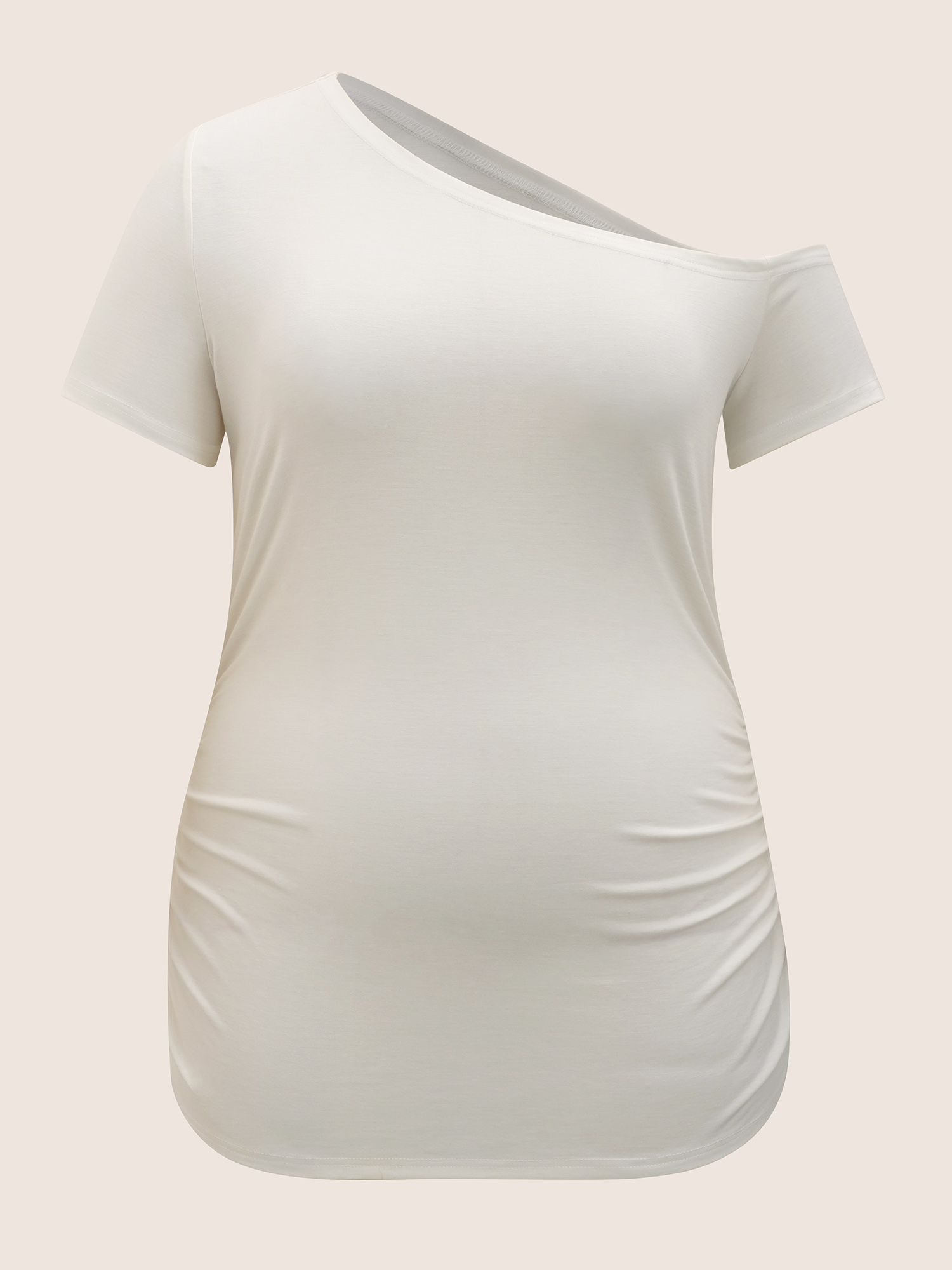 Plus Size One Shoulder Solid Gathered Knit T-shirt WhiteSmoke Women Elegant Gathered Asymmetrical Neck Bodycon Everyday T-shirts BloomChic 14-16/1X 