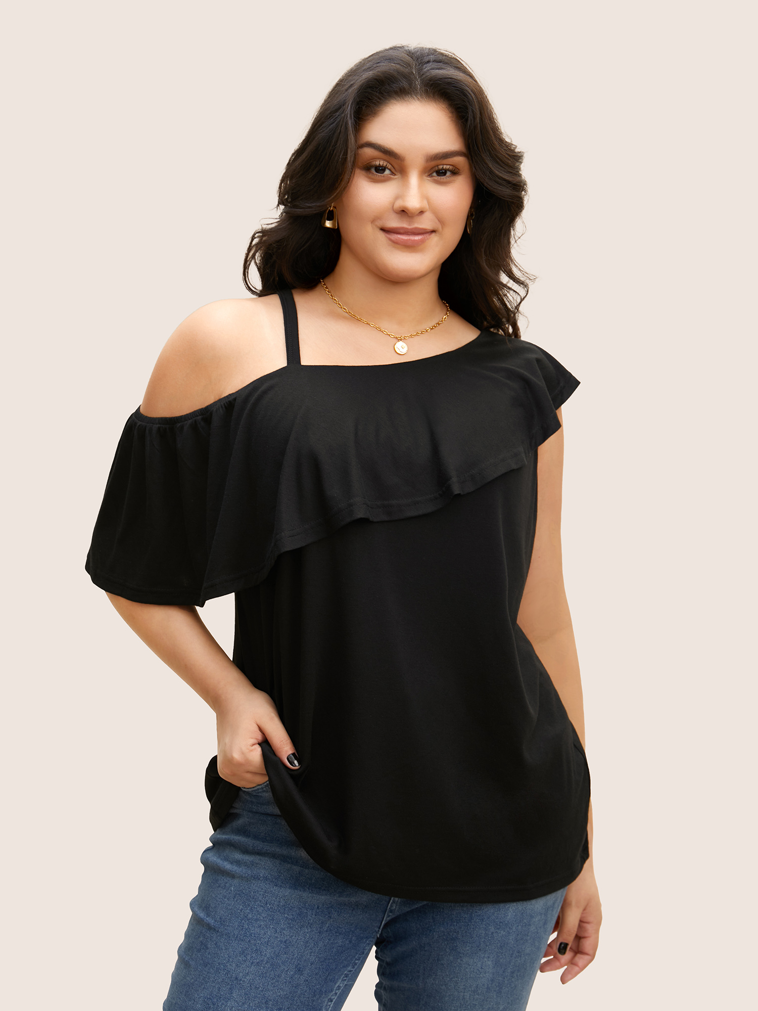 

One Shoulder Solid Ruffle Trim T-shirt, Black