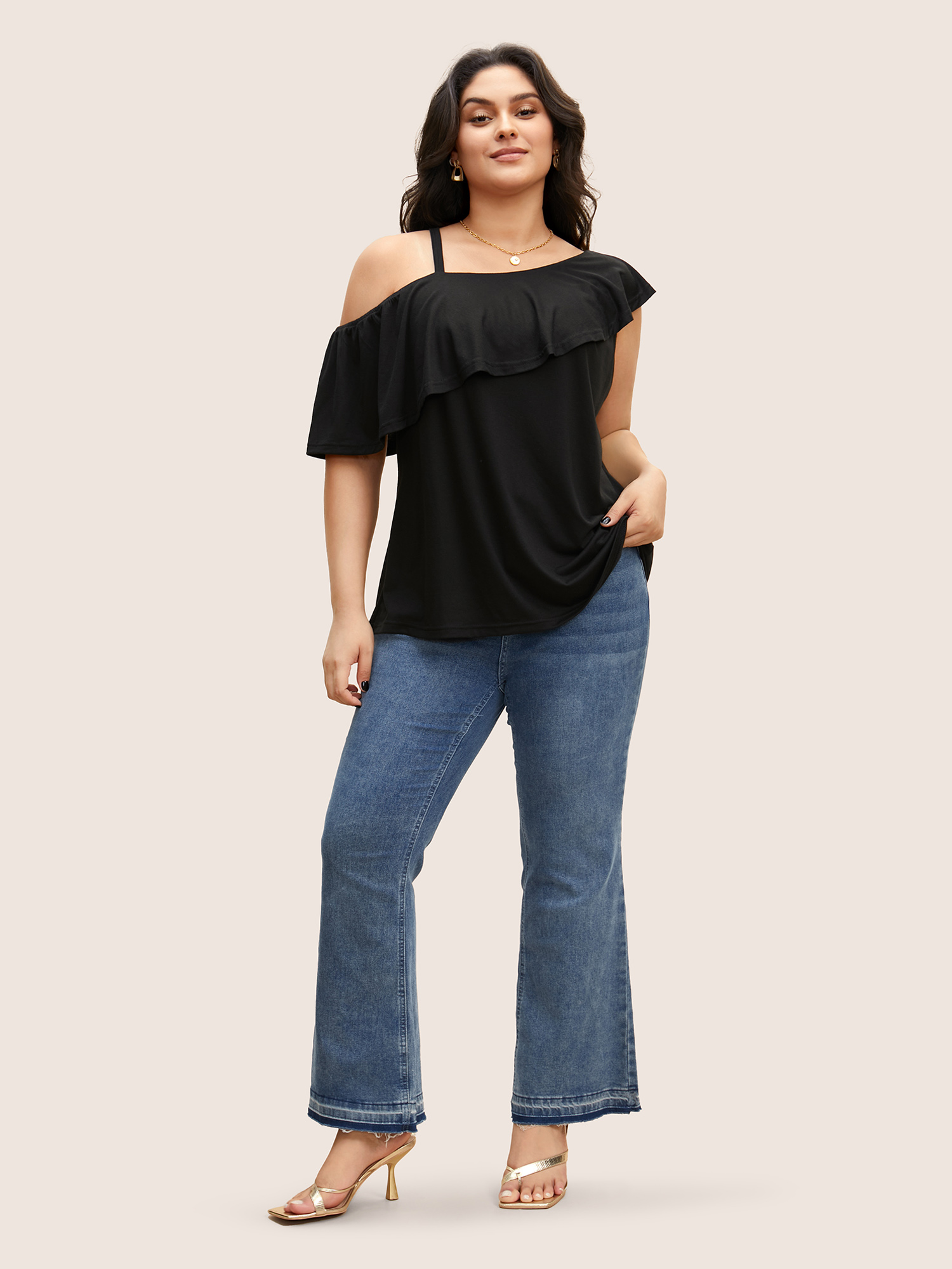 Plus Size One Shoulder Solid Ruffle Trim T-shirt Black Women Elegant Ruffles Asymmetrical Neck Everyday T-shirts BloomChic 10/M 