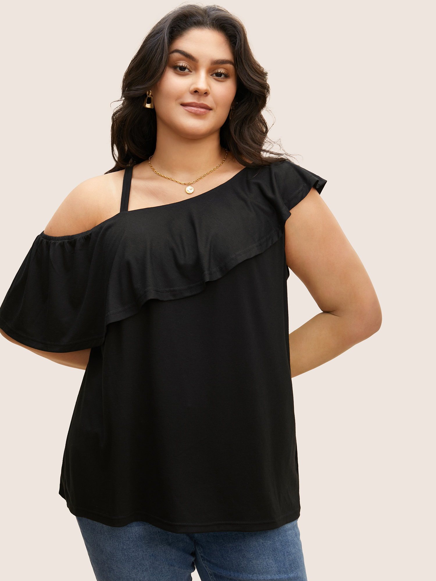 Plus Size One Shoulder Solid Ruffle Trim T-shirt Black Women Elegant Ruffles Asymmetrical Neck Everyday T-shirts BloomChic 10/M 