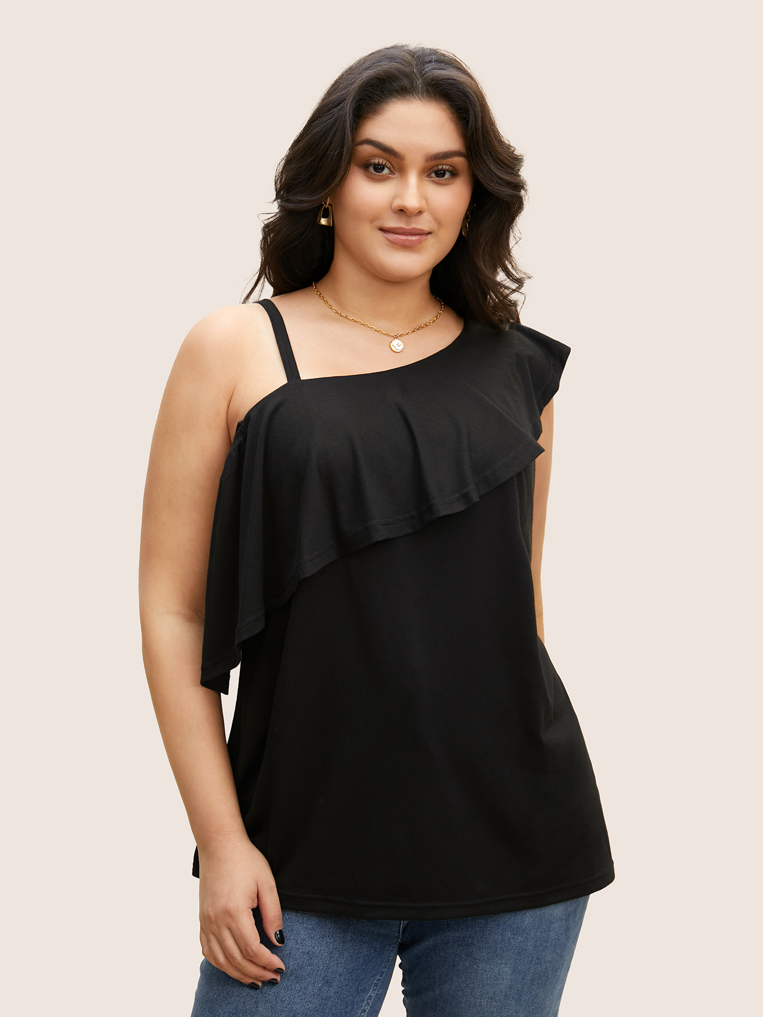 Plus Size One Shoulder Solid Ruffle Trim T-shirt Black Women Elegant Ruffles Asymmetrical Neck Everyday T-shirts BloomChic 10/M 
