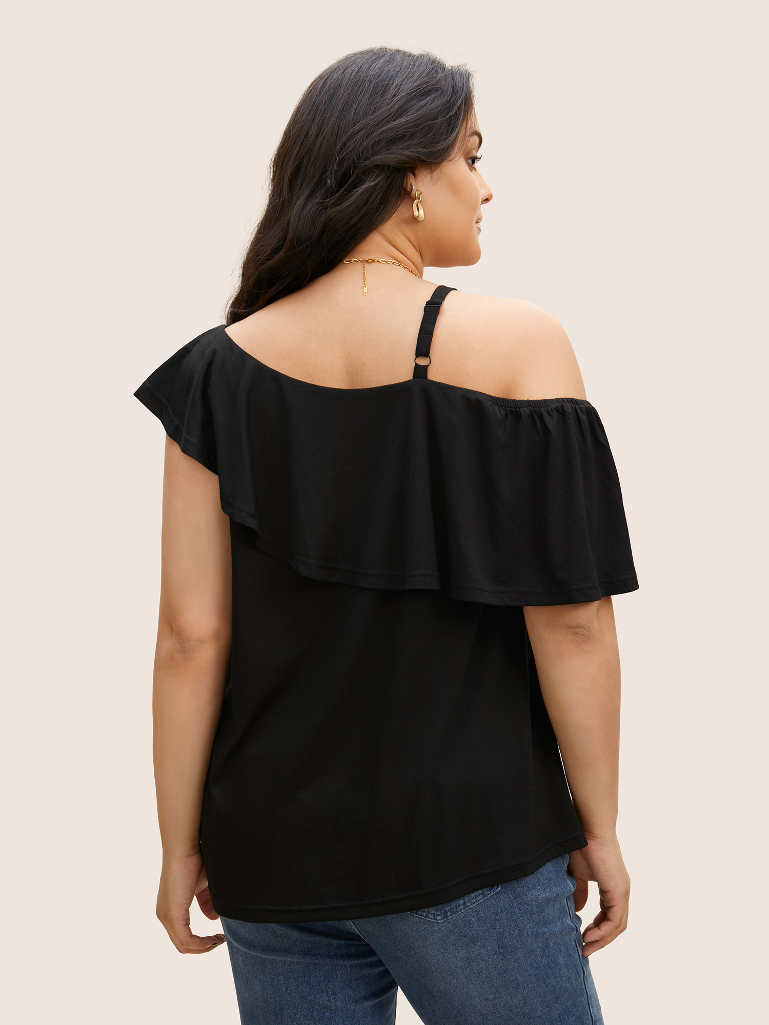 Plus Size One Shoulder Solid Ruffle Trim T-shirt Black Women Elegant Ruffles Asymmetrical Neck Everyday T-shirts BloomChic 10/M 