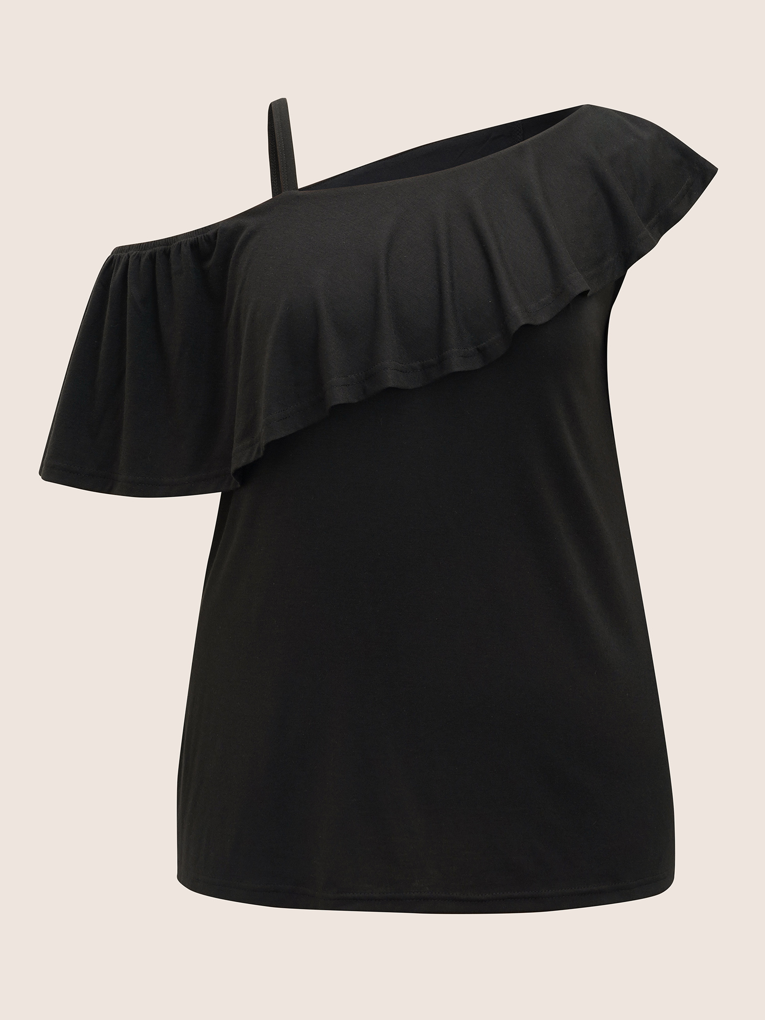 

Plus Size One Shoulder Solid Ruffle Trim T-shirt Black Women Elegant Ruffles Asymmetrical Neck Everyday T-shirts BloomChic