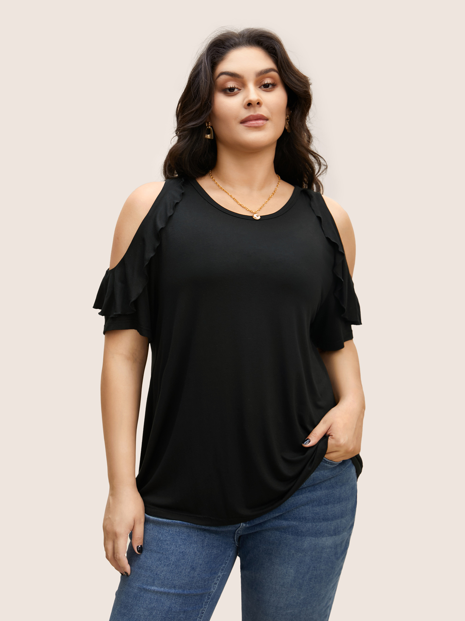 

Plus Size Solid Cold Shoulder Ruffle Trim T-shirt Black Women Elegant Ruffles Round Neck Everyday T-shirts BloomChic
