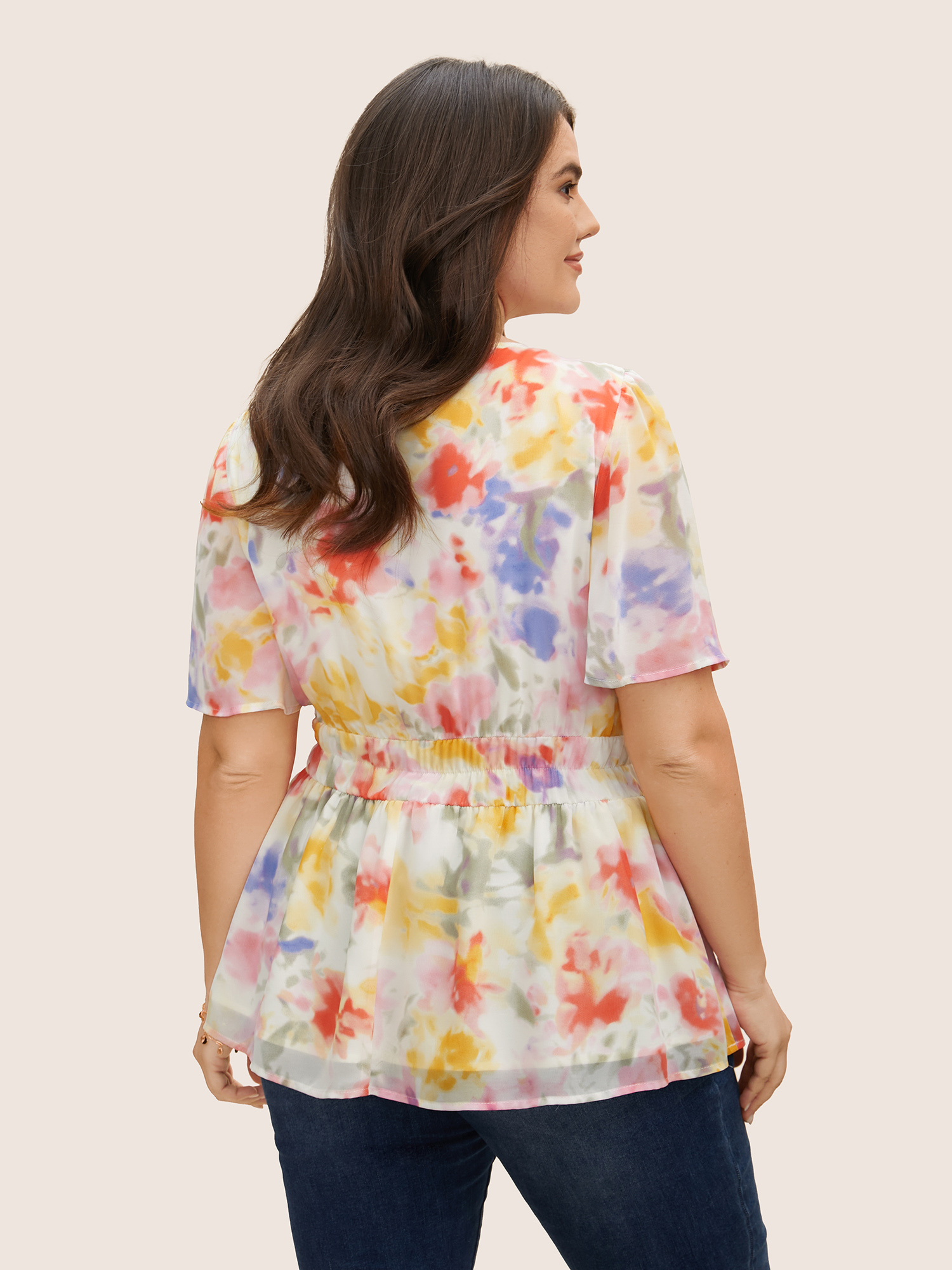 

Plus Size Multicolor V Neck Watercolor Floral Print Frill Trim Blouse Women Elegant Short sleeve V-neck Everyday Blouses BloomChic