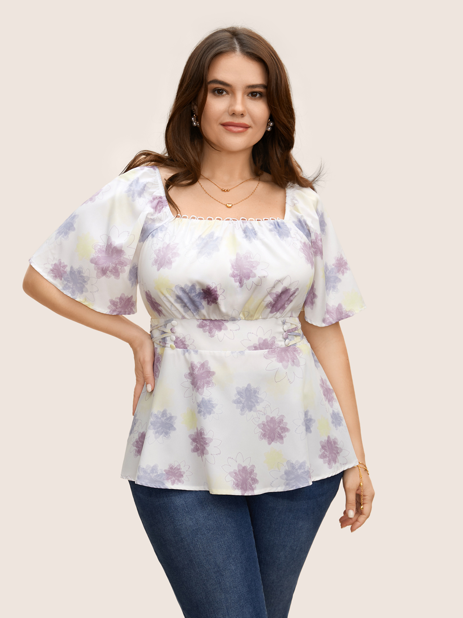 

Plus Size Ivory Square Neck Watercolor Floral Crisscross Blouse Women Elegant Short sleeve Non Everyday Blouses BloomChic