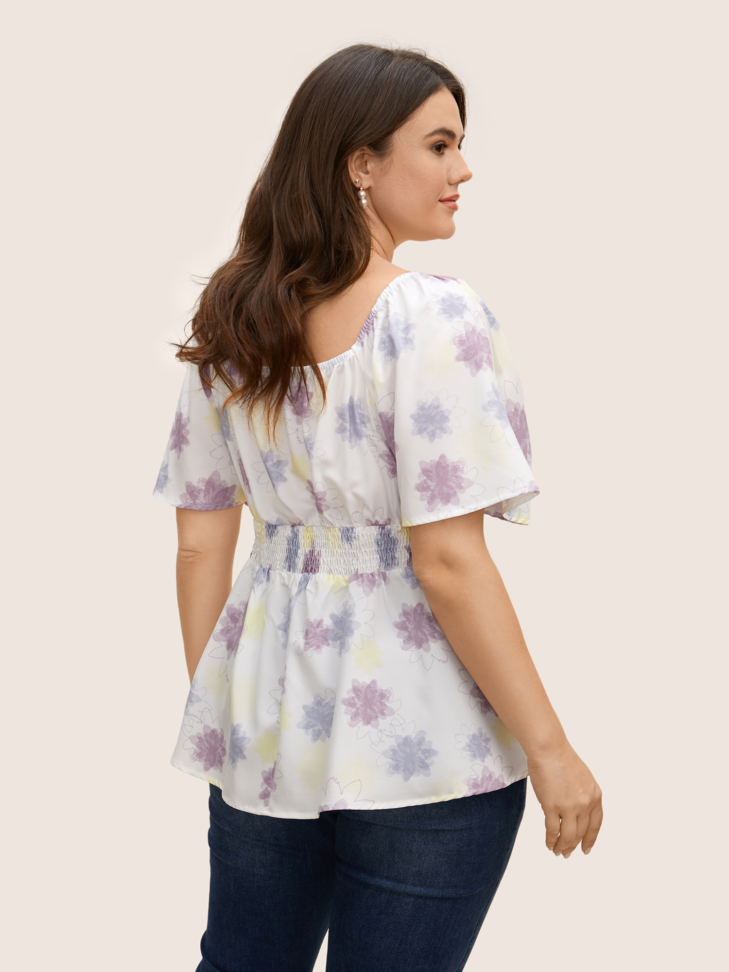 

Plus Size Ivory Square Neck Watercolor Floral Crisscross Blouse Women Elegant Short sleeve Non Everyday Blouses BloomChic