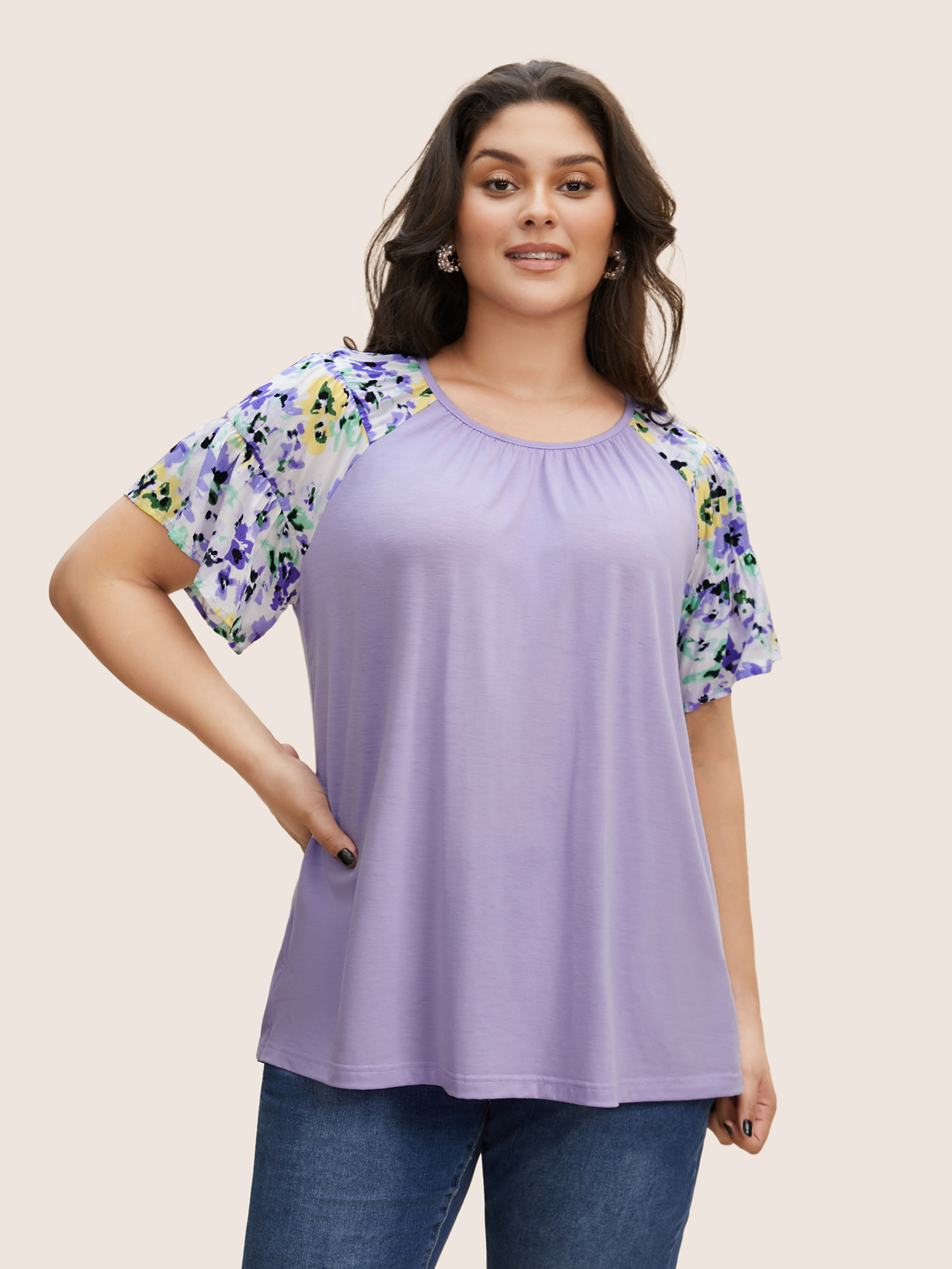 

Plus Size Crew Neck Patchwork Floral Raglan Sleeve T-shirt Lilac Women Elegant Contrast Natural Flowers Round Neck Everyday T-shirts BloomChic