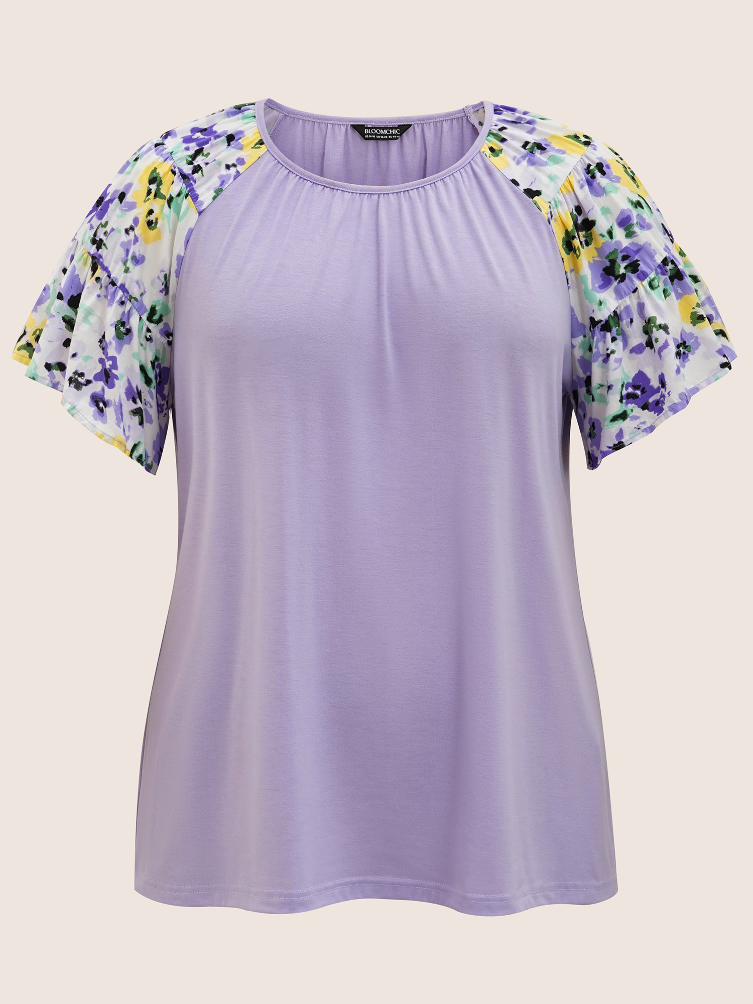 

Plus Size Crew Neck Patchwork Floral Raglan Sleeve T-shirt Lilac Women Elegant Contrast Natural Flowers Round Neck Everyday T-shirts BloomChic
