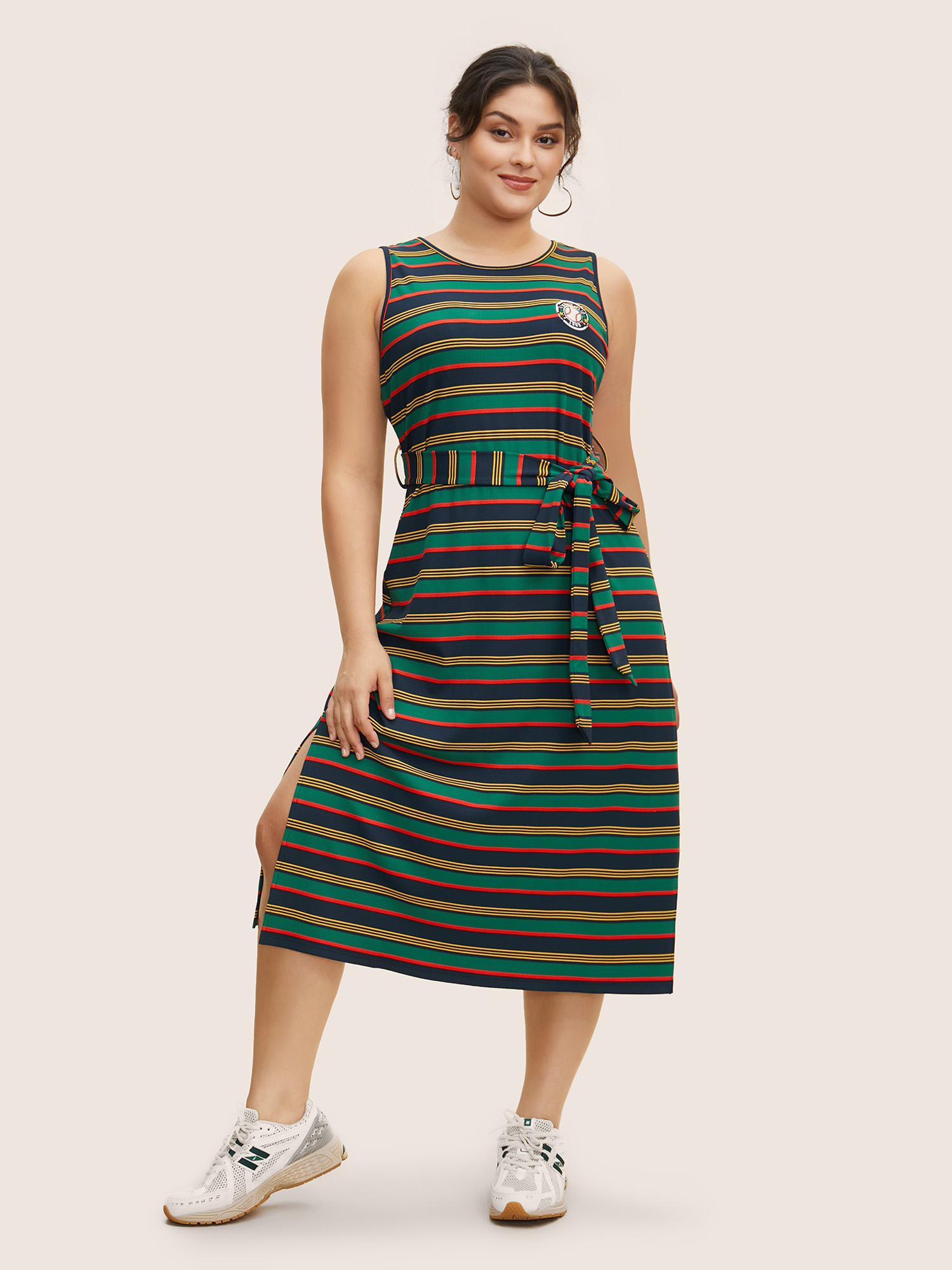 

Plus Size Contrast Striped Embroidered Patch Split Side Dress Multicolor Women Belted Round Neck Sleeveless Curvy BloomChic