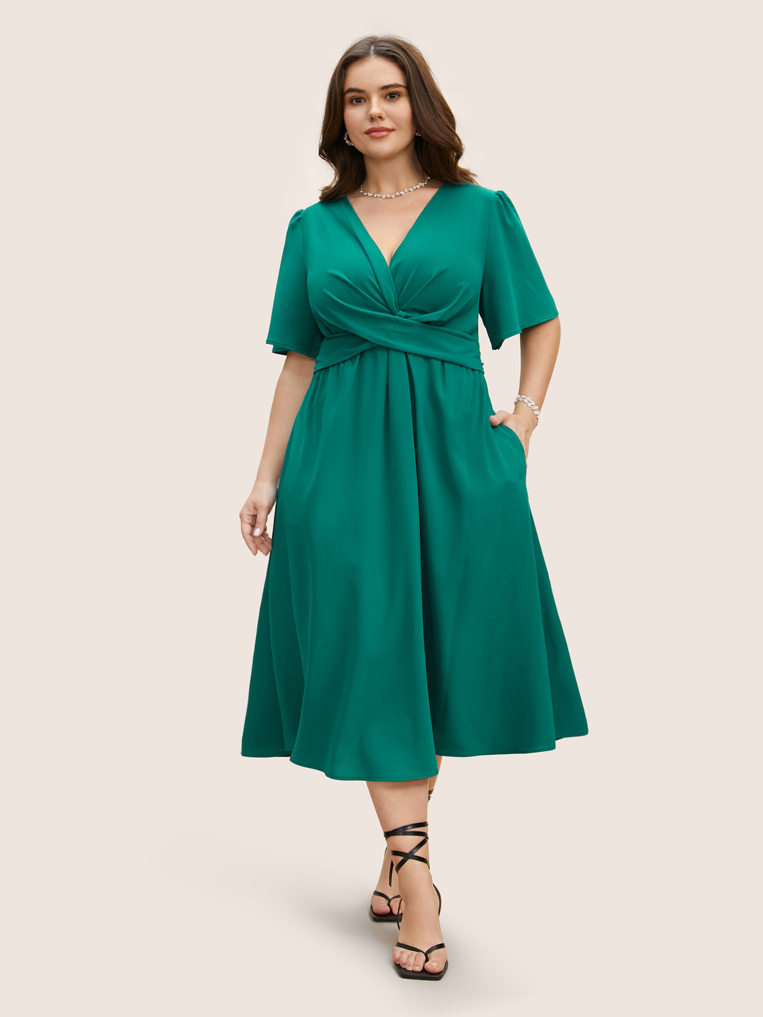

Plus Size Solid Shirred Crossover Flutter Sleeve Dress Emerald Women Twist V-neck Short sleeve Curvy BloomChic