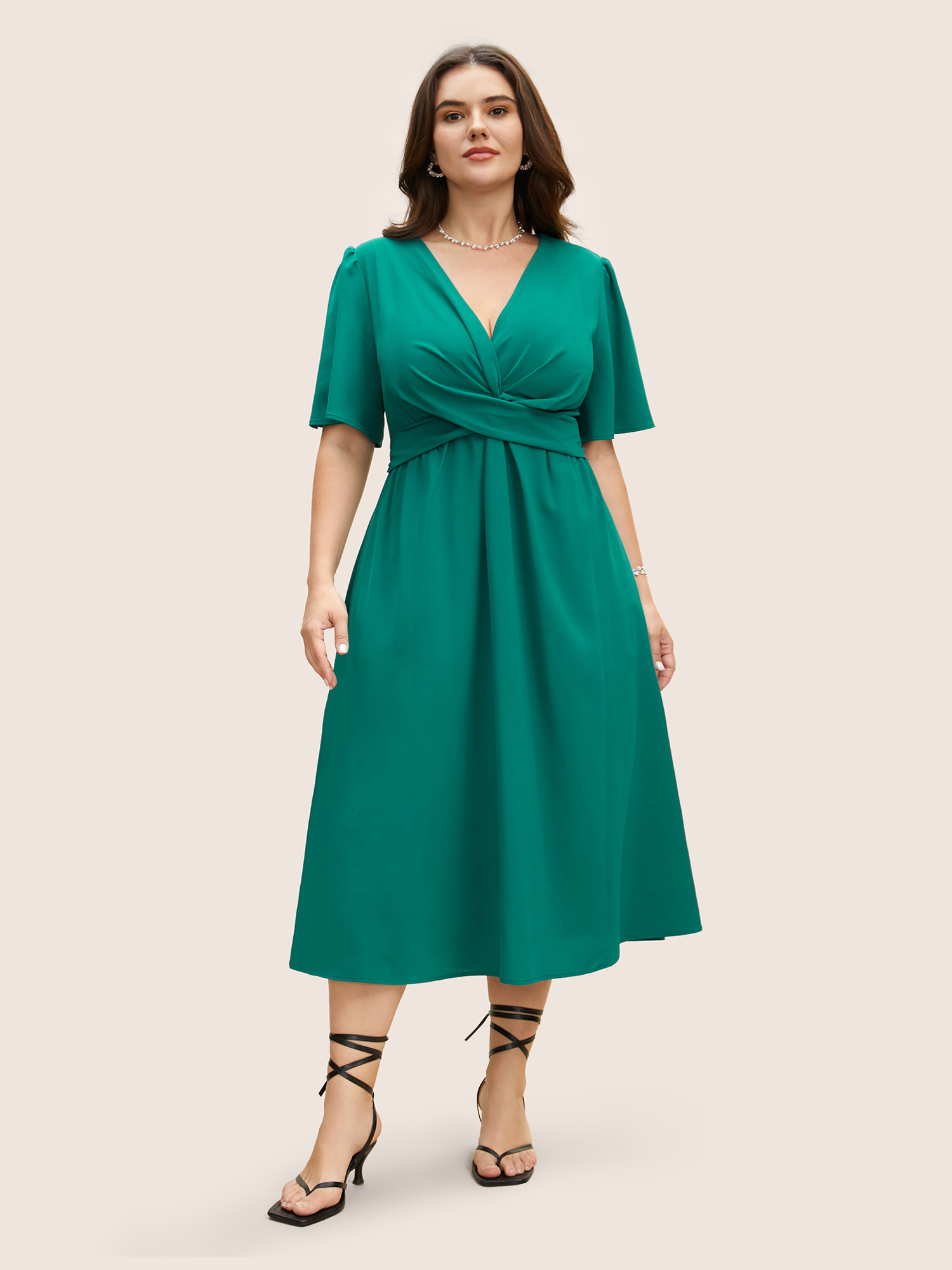 

Plus Size Solid Shirred Crossover Flutter Sleeve Dress Emerald Women Elegant Twist V-neck Short sleeve Curvy BloomChic