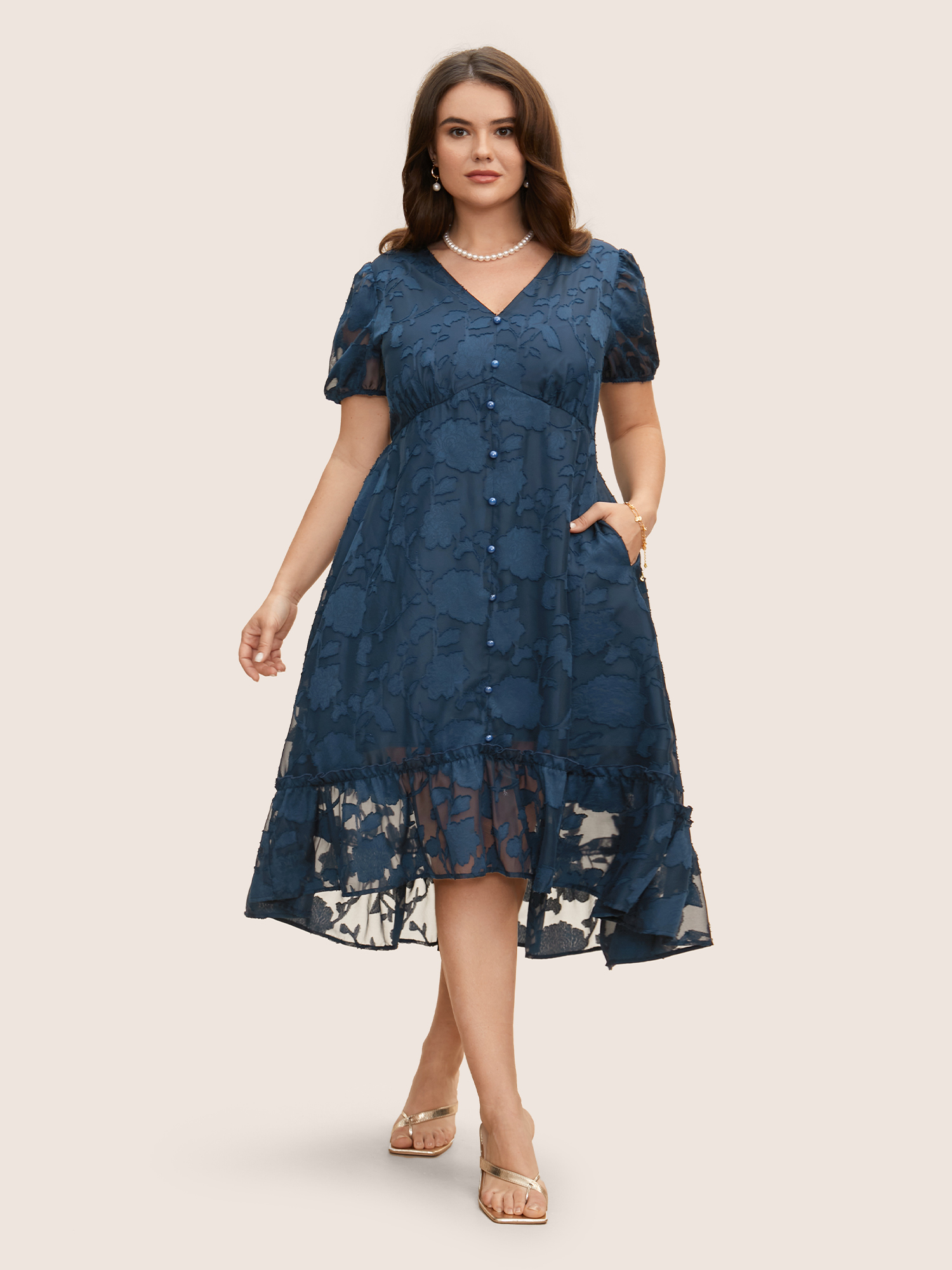 

Plus Size Textured Mesh Puff Sleeve Button Detail Dress DarkBlue Women Texture V-neck Short sleeve Curvy BloomChic