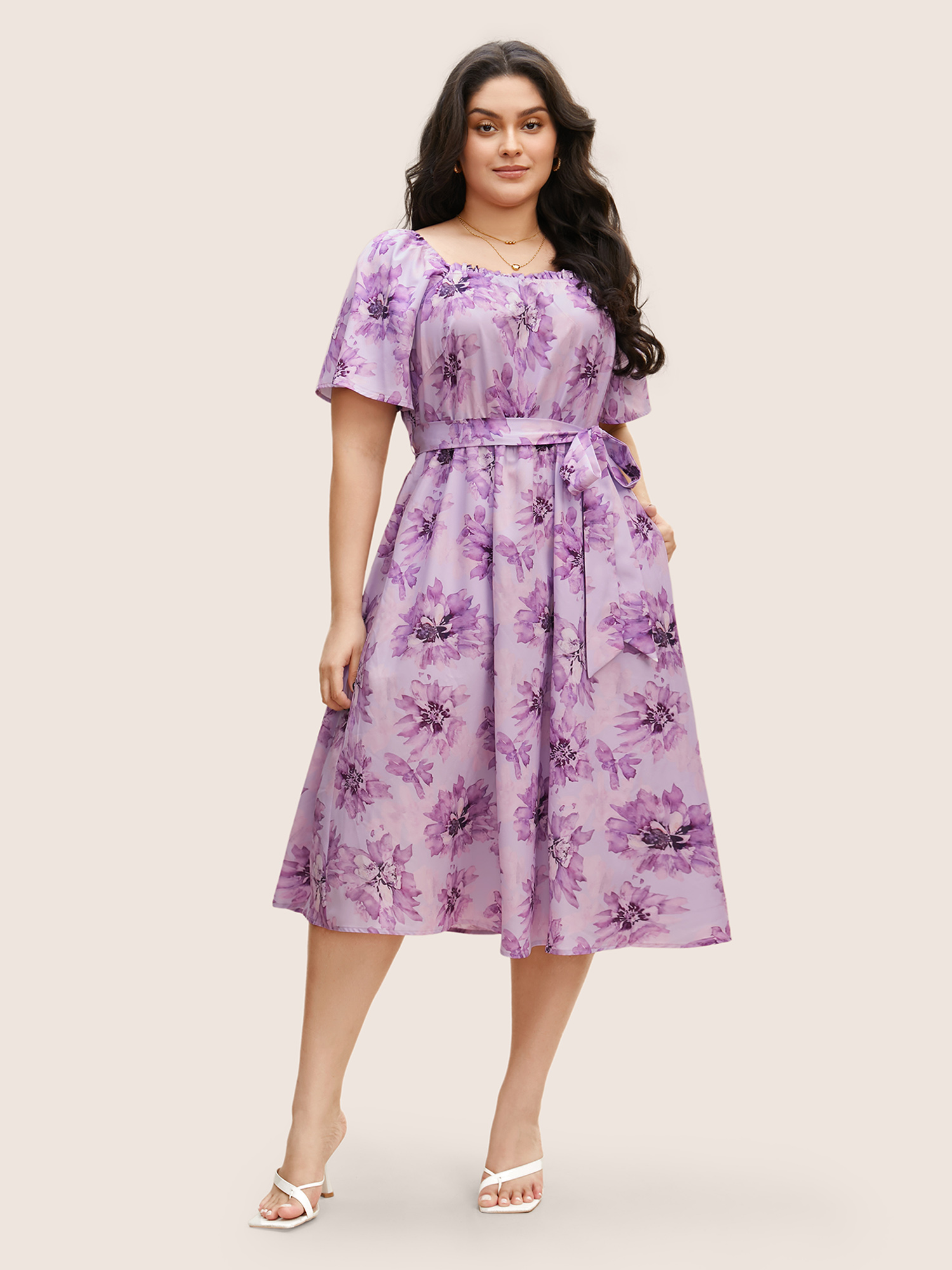 

Plus Size Floral Print Square Neck Frill Trim Midi Dress Lavender Women Frill Trim Square Neck Short sleeve Curvy BloomChic