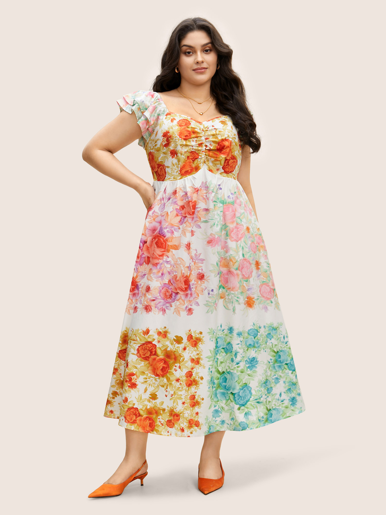 

Plus Size Patchwork Floral Tiered Ruffle Sleeve Dress Multicolor Women Gathered Heart neckline Cap Sleeve Curvy BloomChic