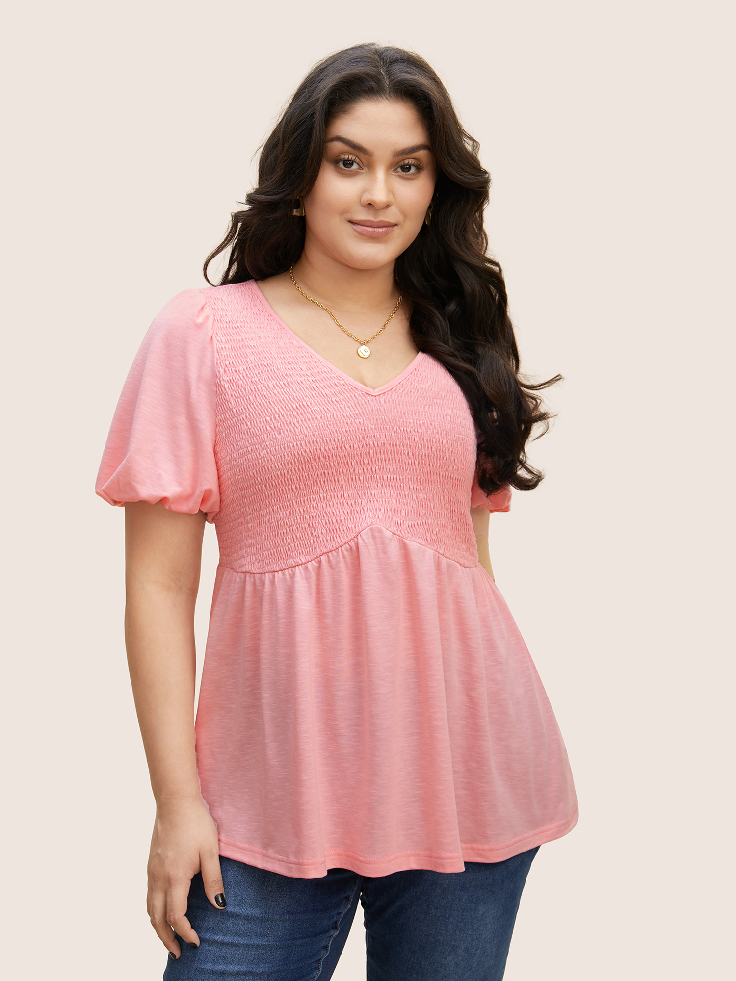 

Plus Size V Neck Shirred Lantern Sleeve T-shirt Blush Women Elegant Shirred V-neck Everyday T-shirts BloomChic
