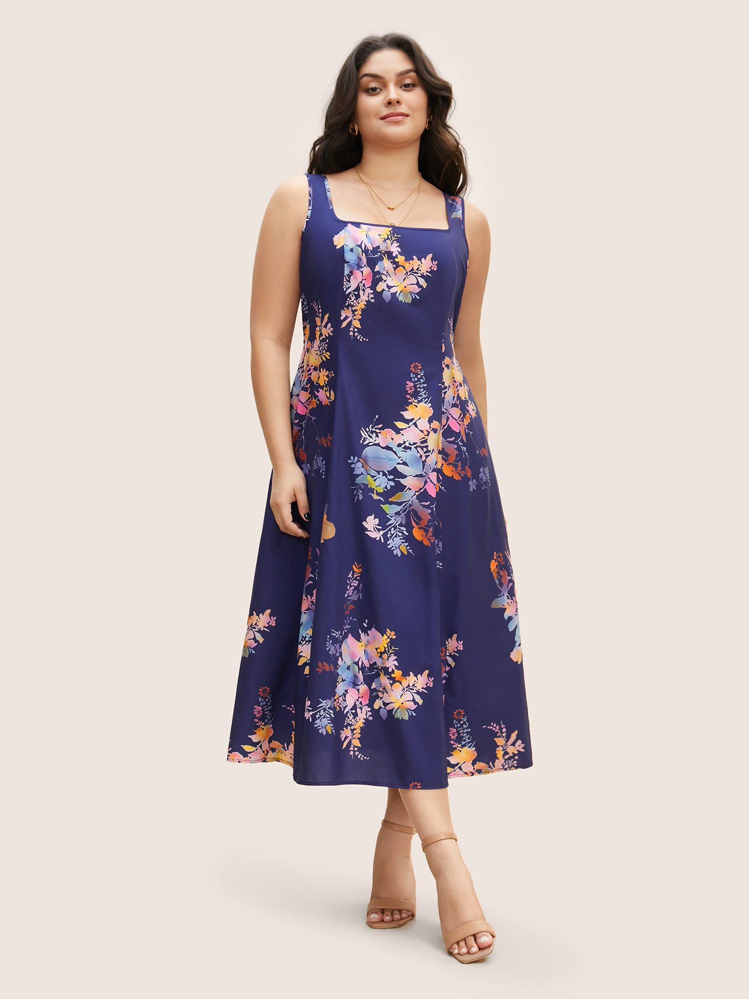 

Plus Size Square Neck Silhouette Floral Print Pleated Dress DarkBlue Women Non Square Neck Sleeveless Curvy BloomChic