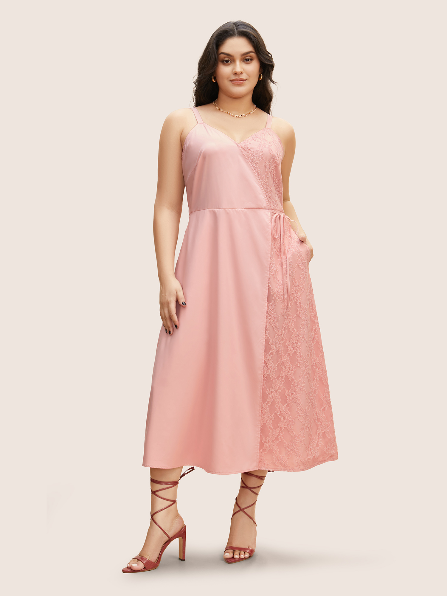 

Plus Size Solid Lace Patchwork Tie Knot Midi Dress Blush Women Woven ribbon&lace trim V-neck Sleeveless Curvy BloomChic