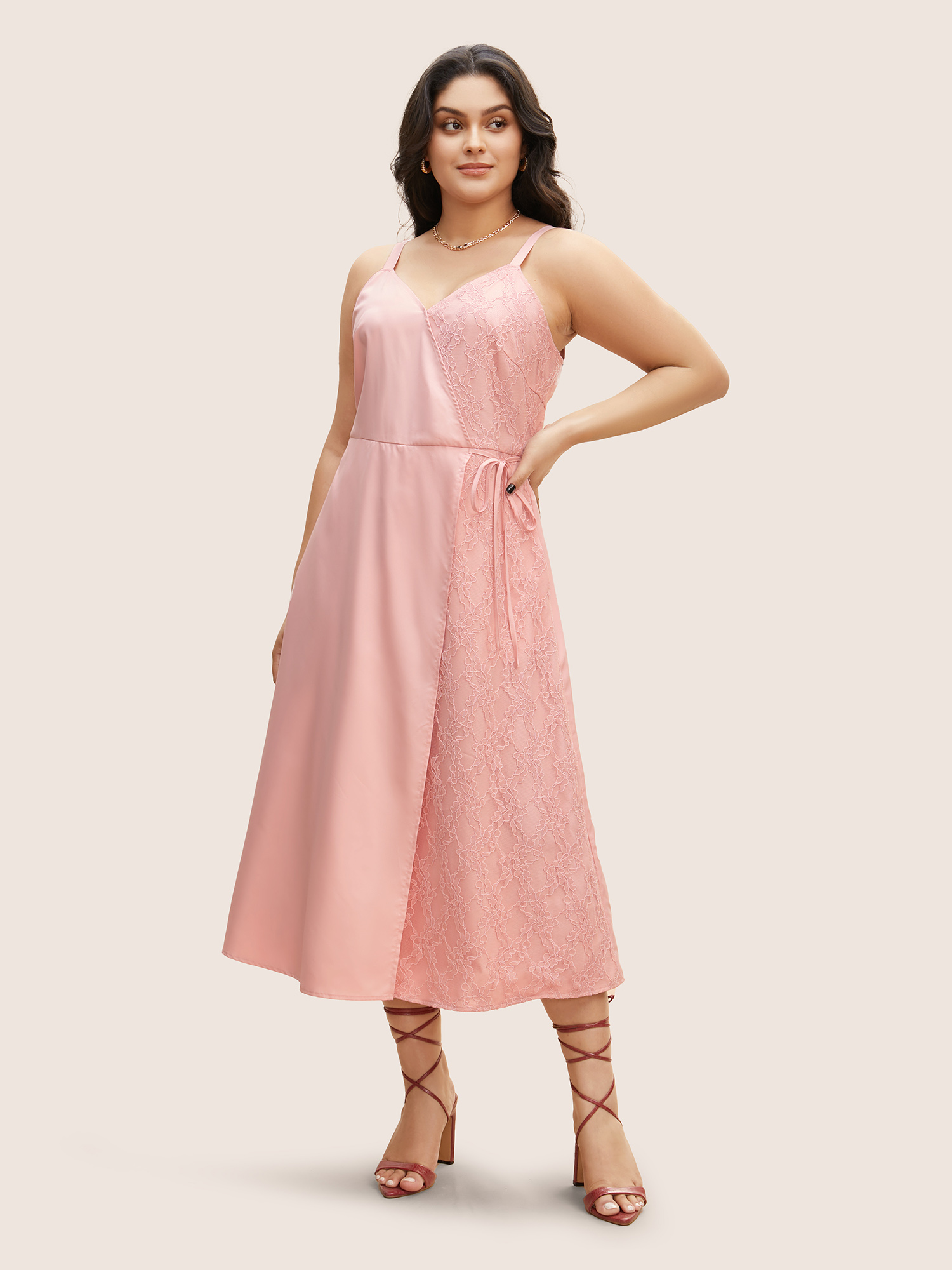 Plus Size Solid Lace Patchwork Tie Knot Midi Dress Blush Women Woven ribbon&lace trim V-neck Sleeveless Curvy BloomChic 22-24/3X 