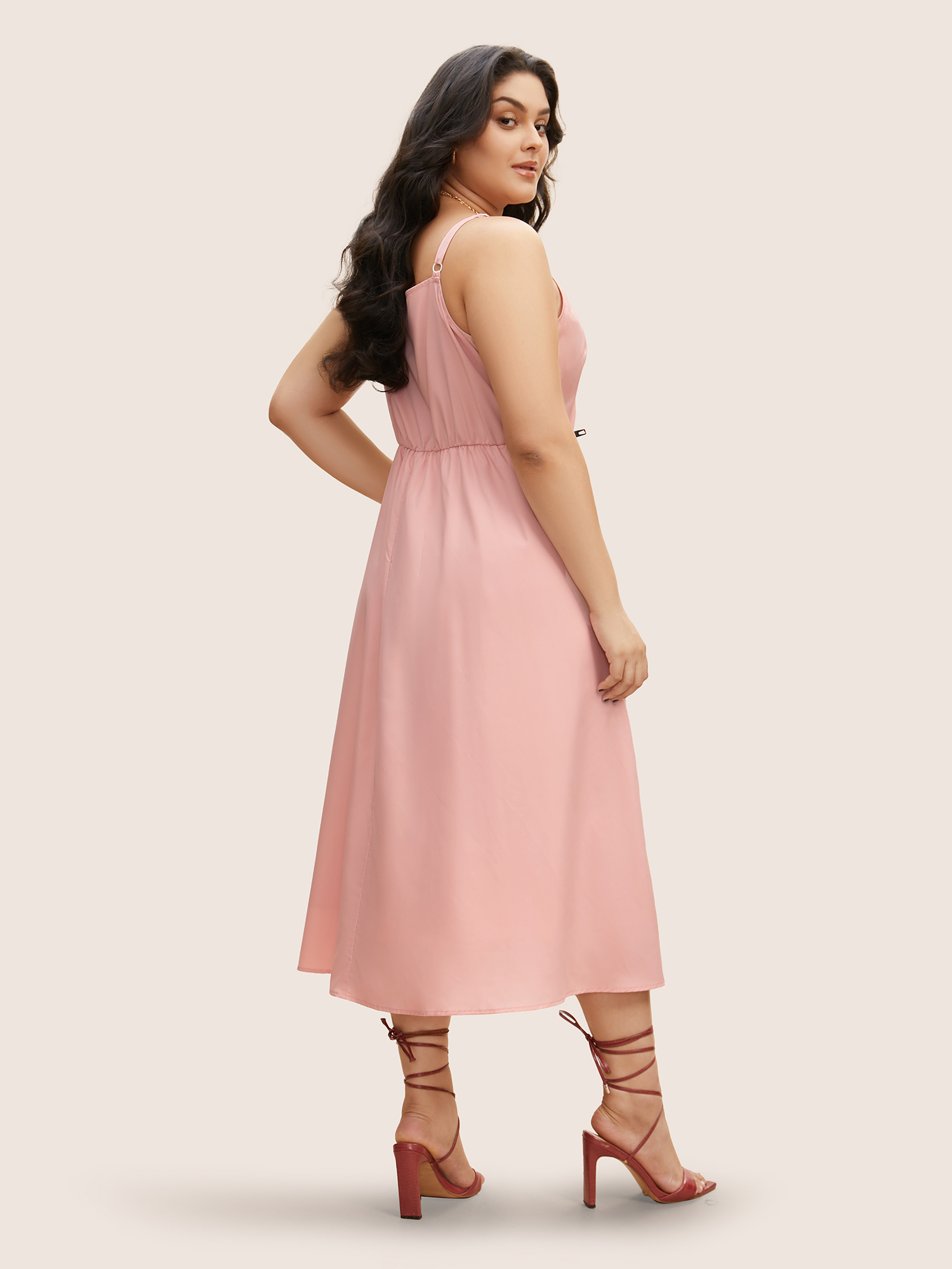 Plus Size Solid Lace Patchwork Tie Knot Midi Dress Blush Women Woven ribbon&lace trim V-neck Sleeveless Curvy BloomChic 22-24/3X 