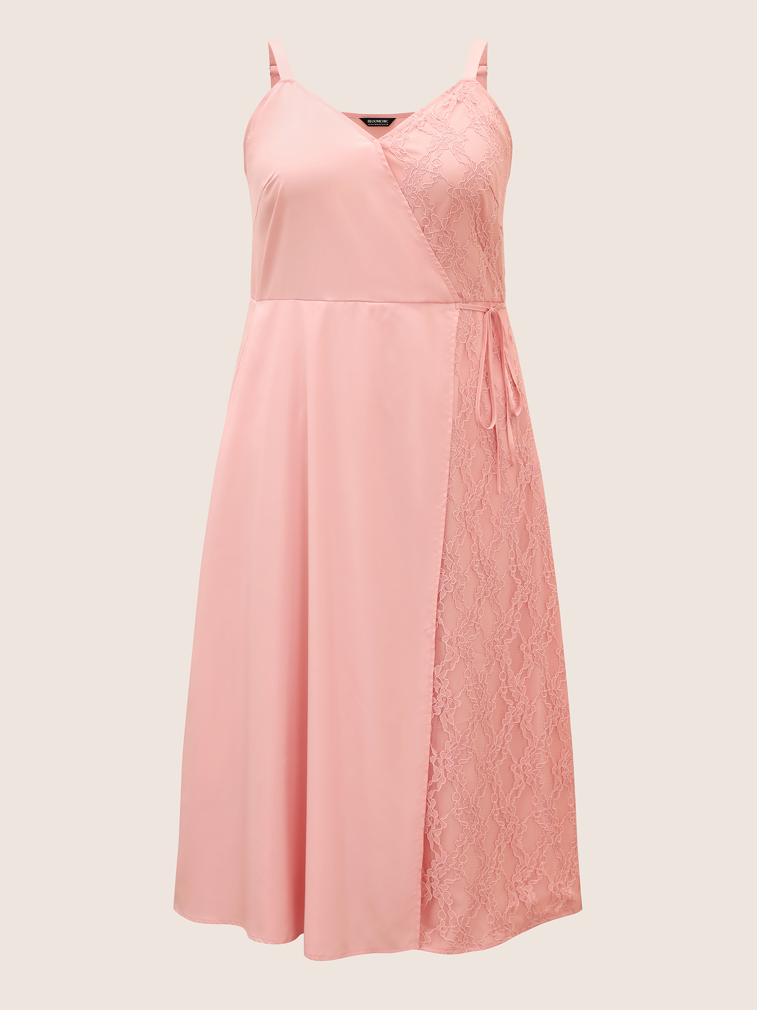 Plus Size Solid Lace Patchwork Tie Knot Midi Dress Blush Women Woven ribbon&lace trim V-neck Sleeveless Curvy BloomChic 22-24/3X 
