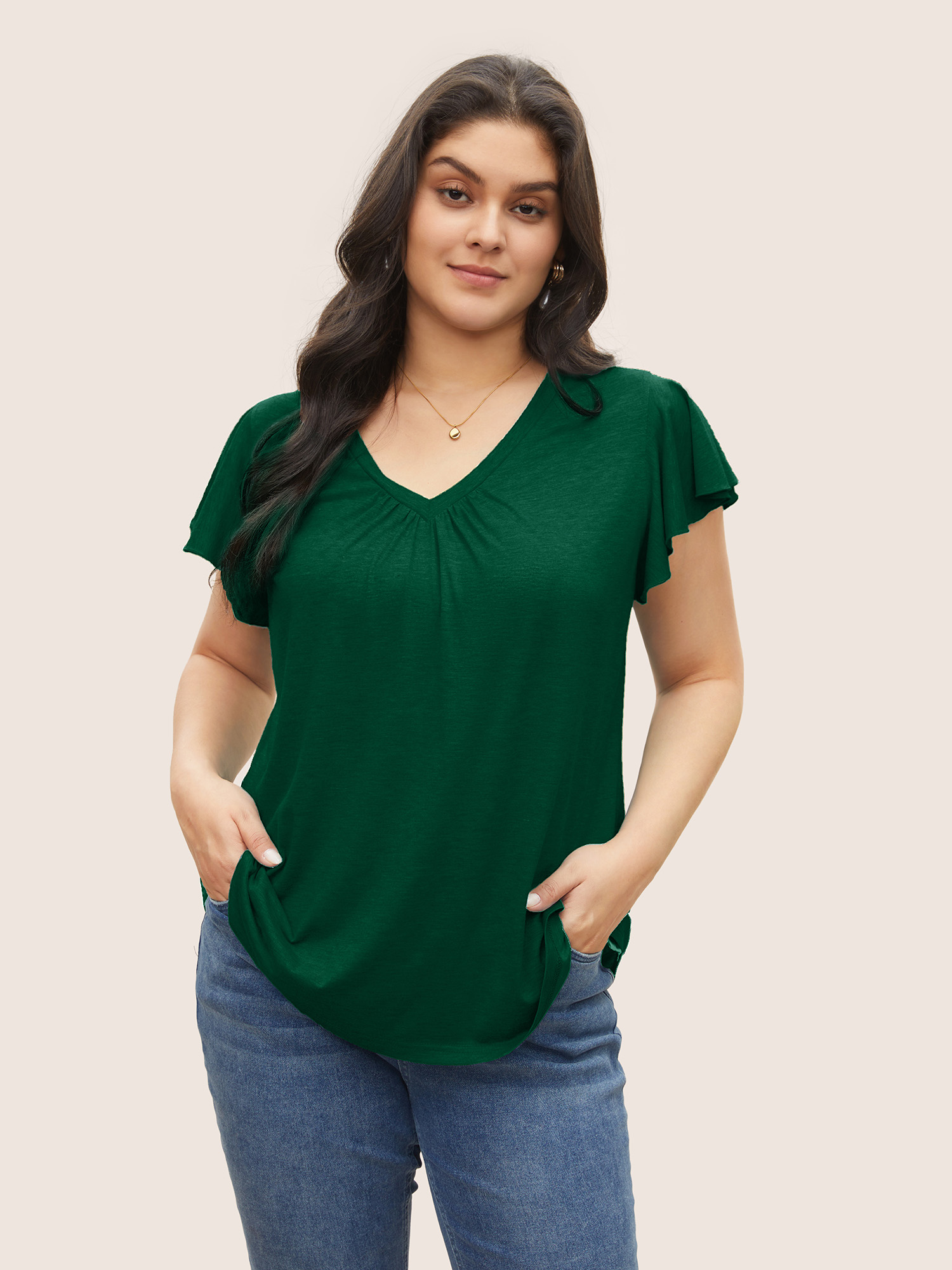 

Plus Size Solid Heather Gathered Ruffle Sleeve T-shirt DarkGreen Women Elegant Non V-neck Everyday T-shirts BloomChic