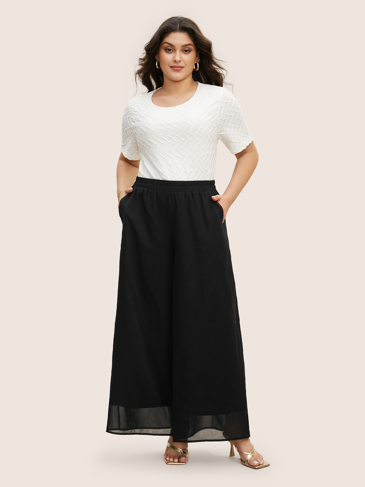 Plus Size Mid Rise Mesh Elastic Waist Wide Leg Pants Women Black Elegant Loose Mid Rise Everyday Pants BloomChic 30/6X 