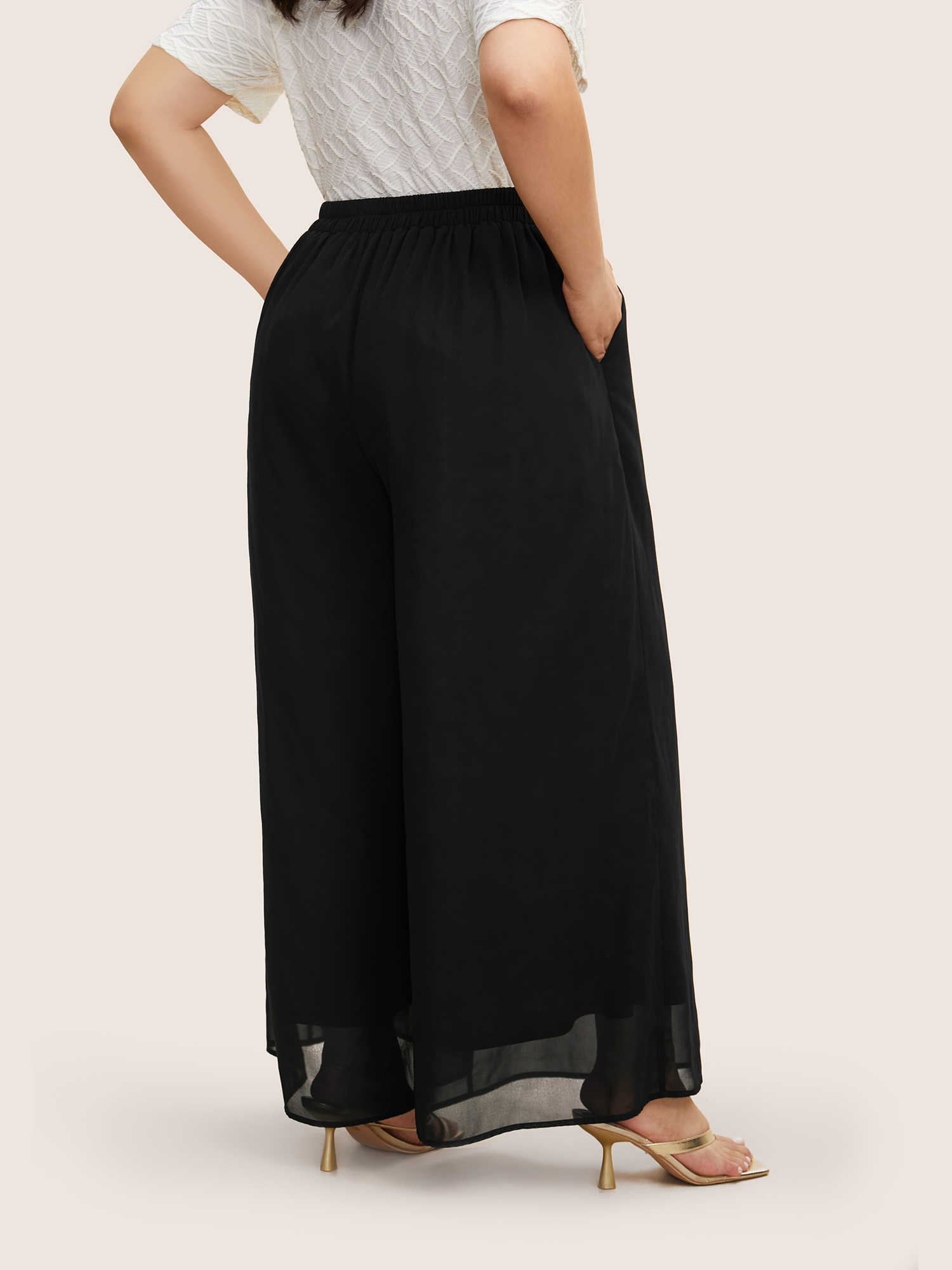 Plus Size Mid Rise Mesh Elastic Waist Wide Leg Pants Women Black Elegant Loose Mid Rise Everyday Pants BloomChic 30/6X 