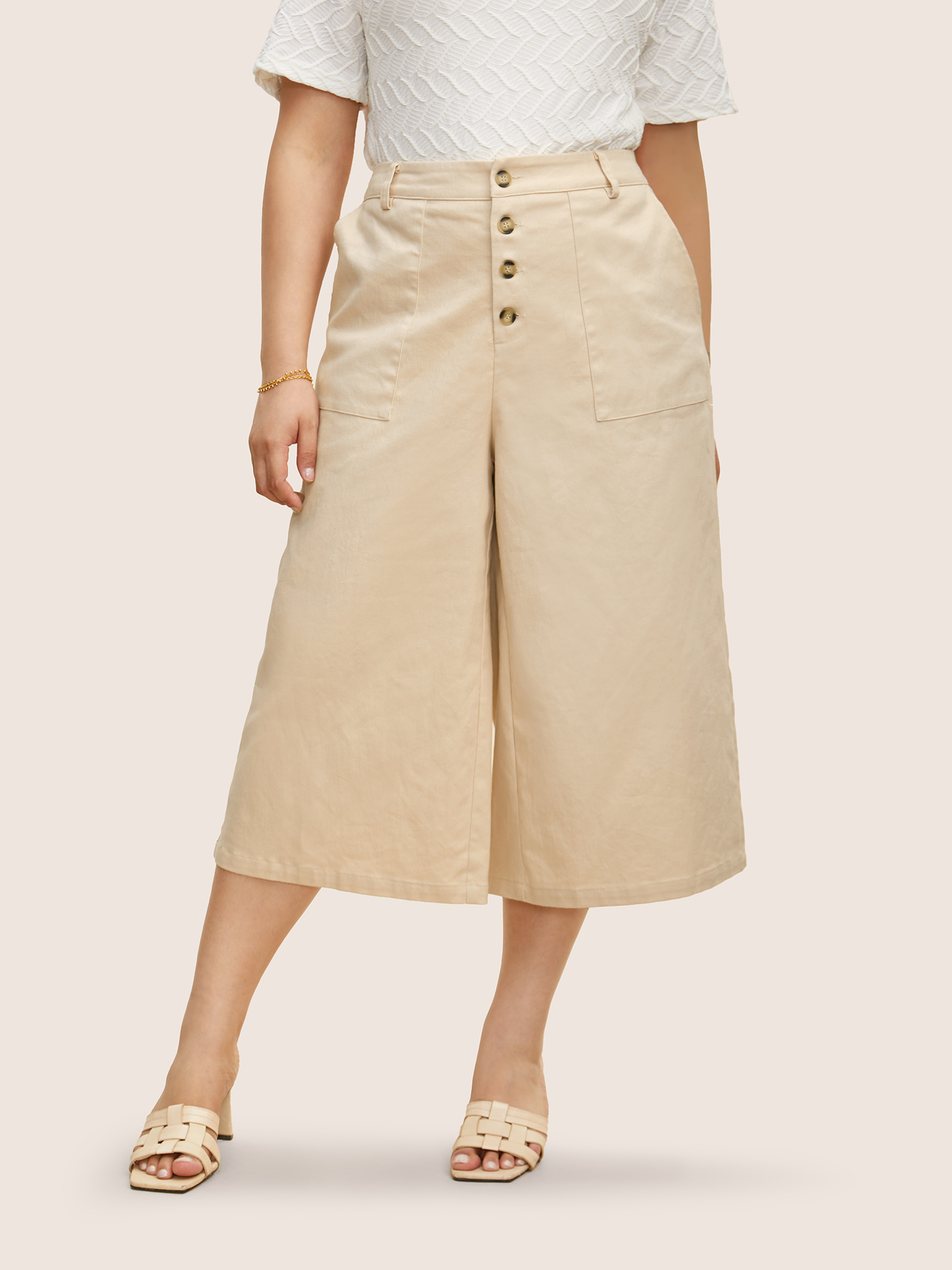 

Plus Size Mid Rise Button Up Elastic Waist Loose Pants Women Beige Elegant Loose Mid Rise Everyday Pants BloomChic