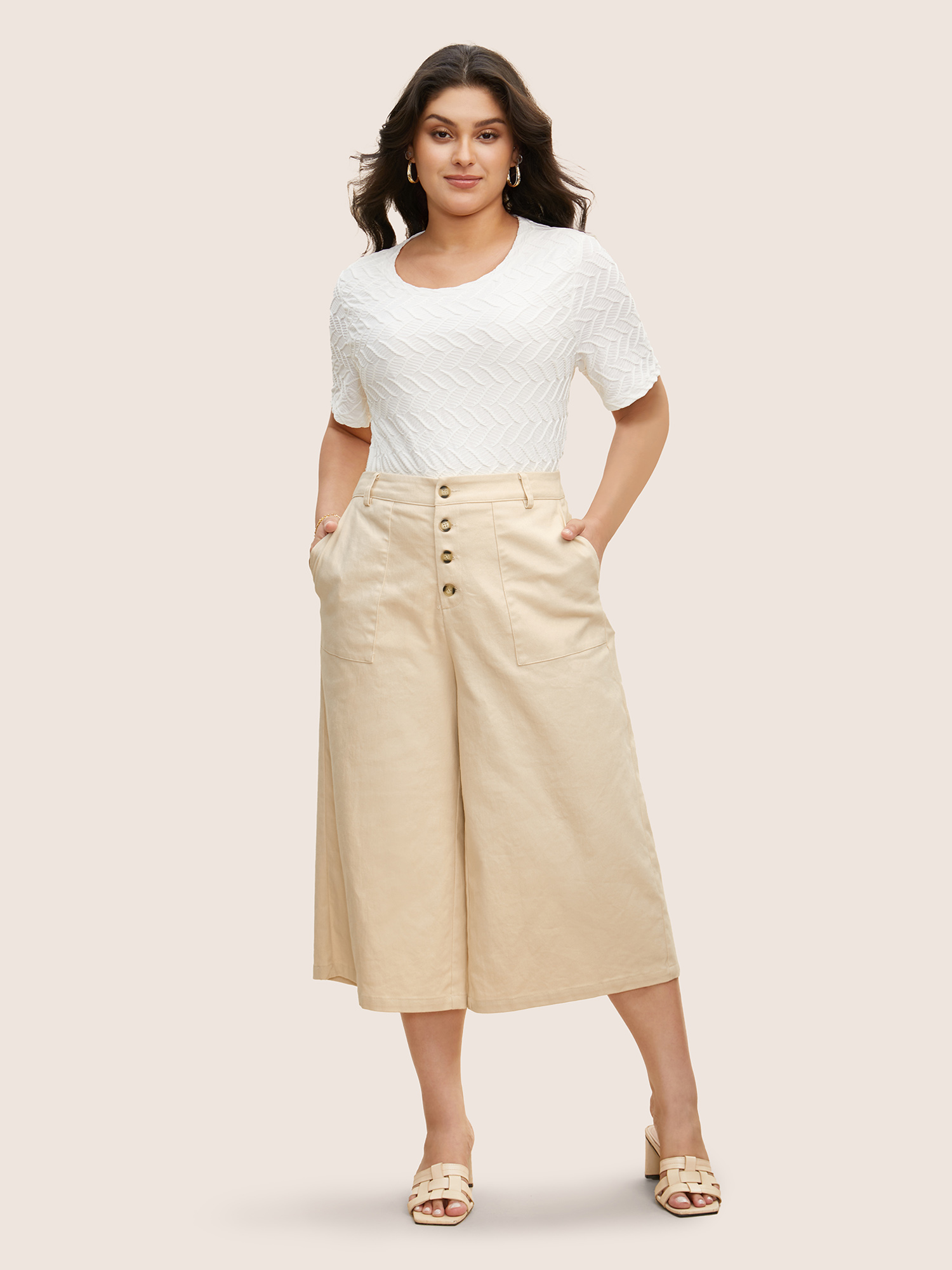 Plus Size Mid Rise Button Up Elastic Waist Loose Pants Women Beige Elegant Loose Mid Rise Everyday Pants BloomChic 10/M 