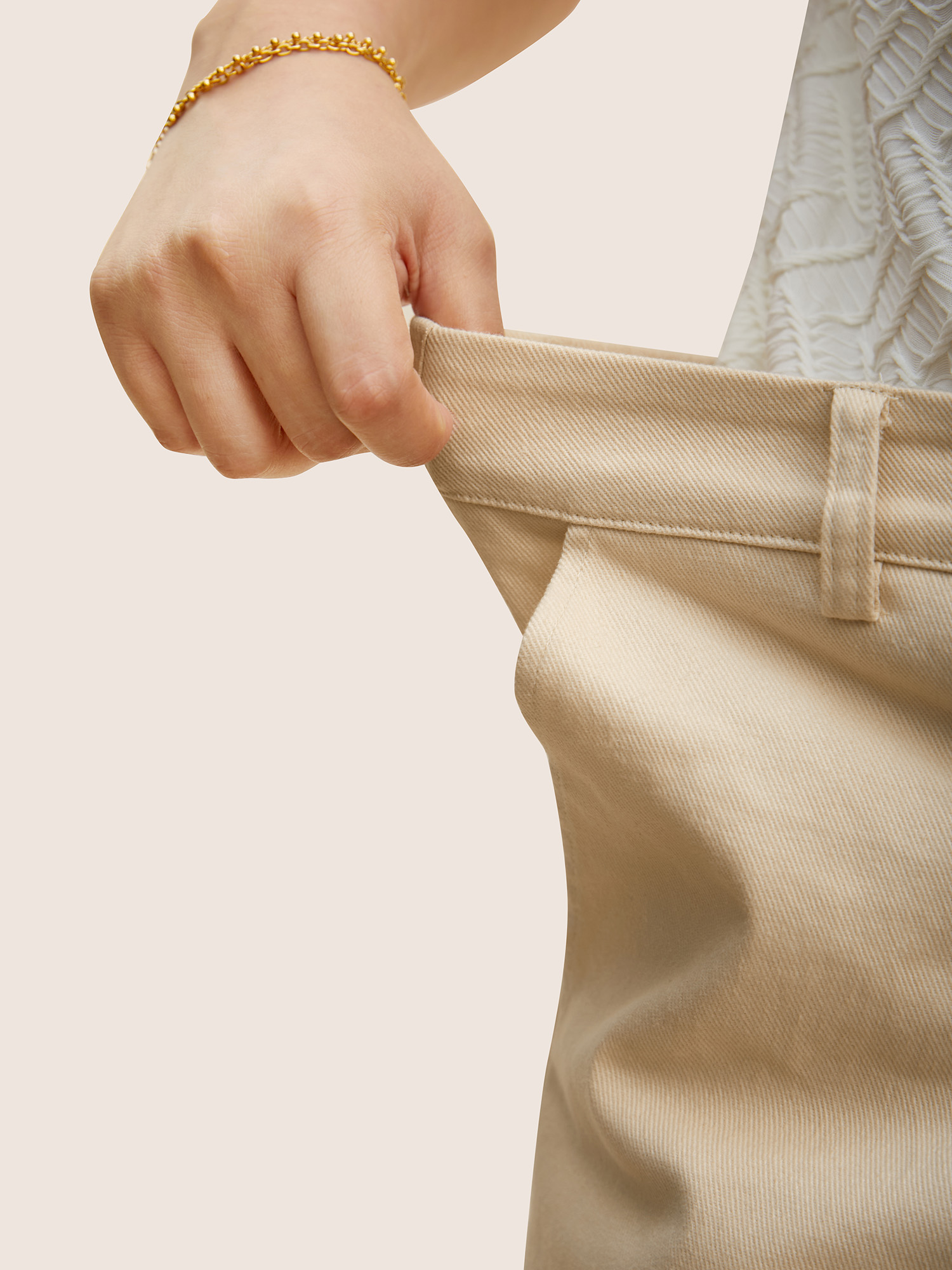 Plus Size Mid Rise Button Up Elastic Waist Loose Pants Women Beige Elegant Loose Mid Rise Everyday Pants BloomChic 10/M 