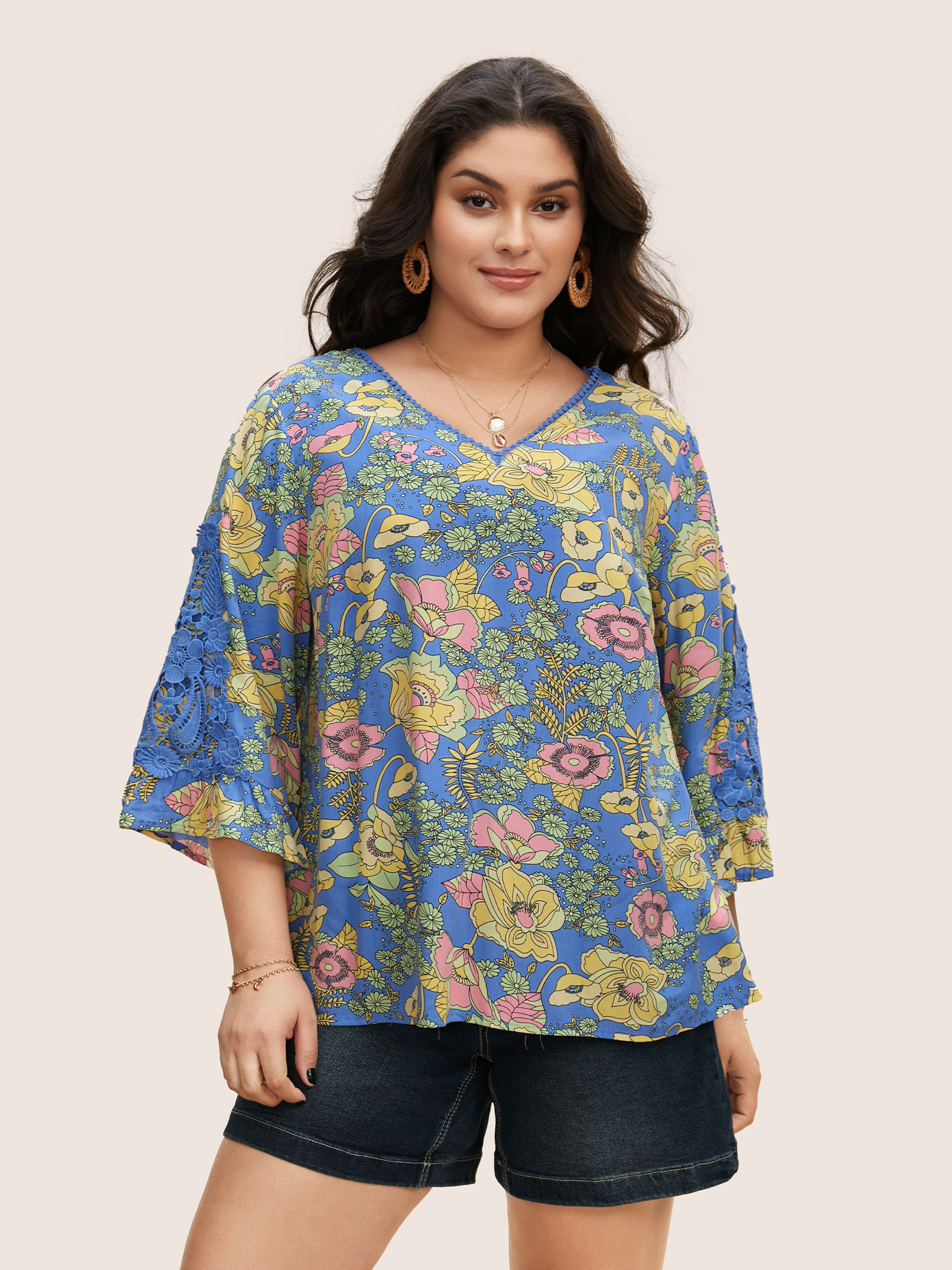 

Plus Size Bluepurple Boho Print Guipure Lace Ruffles Blouse Women Resort Elbow-length sleeve V-neck Vacation Blouses BloomChic