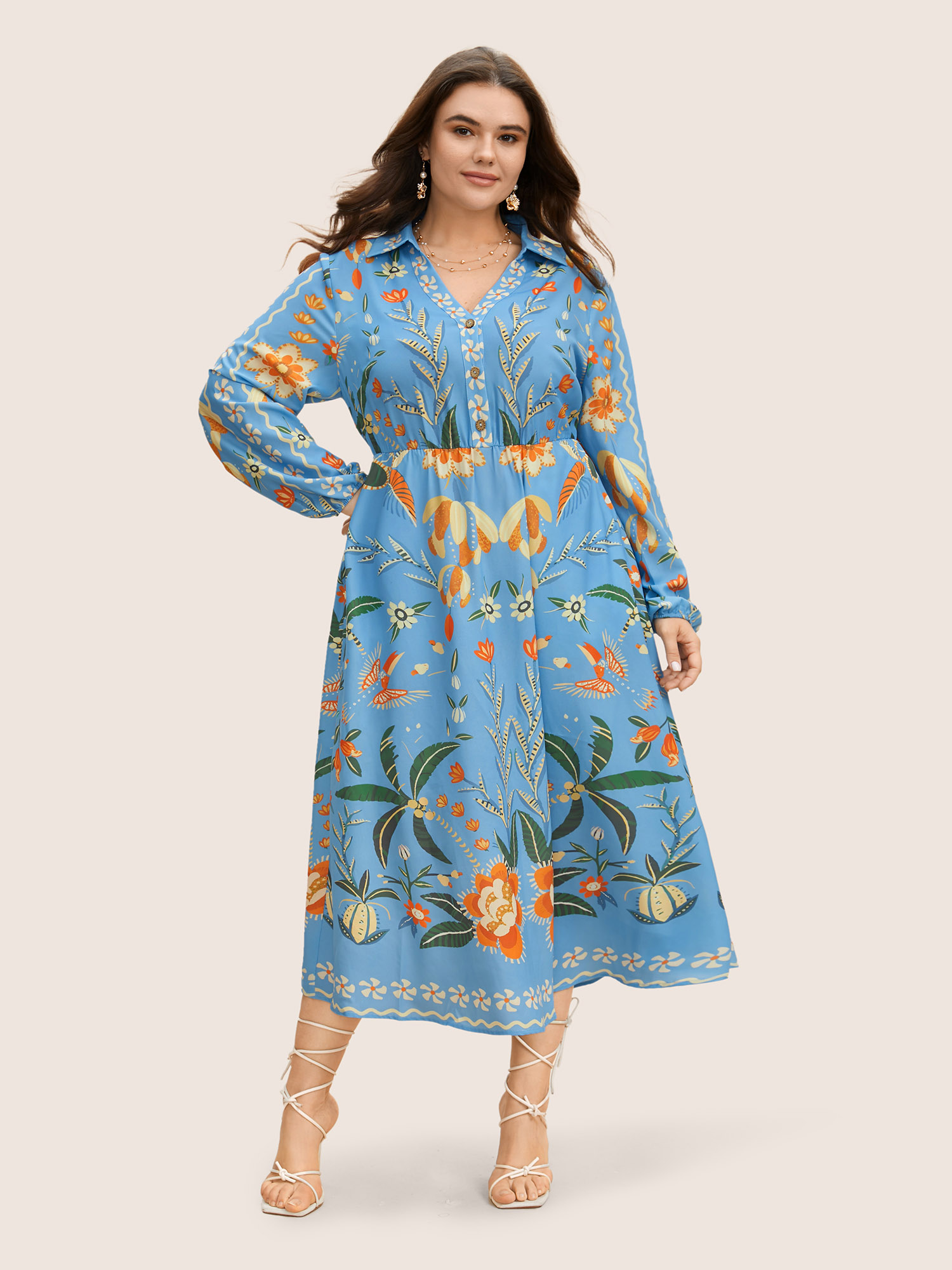 

Plus Size Bandana Print Pocket Lapel Collar Elastic Cuffs Dress LightBlue Women Non V-neck Long Sleeve Curvy Midi Dress BloomChic