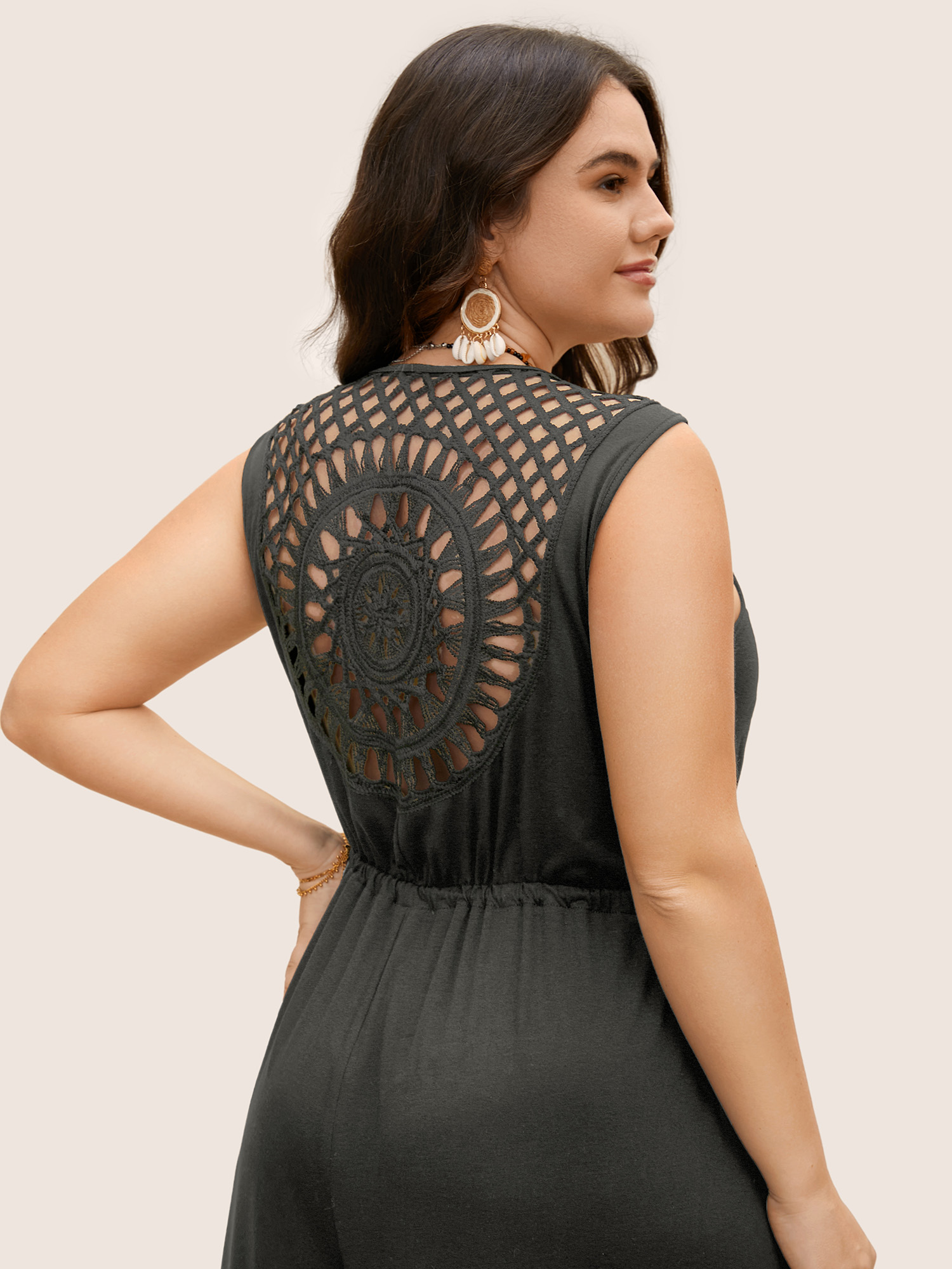 

Plus Size DimGray V Neck Crocheted Cut Out Jumpsuit Women Resort Sleeveless V-neck Vacation Loose Jumpsuits BloomChic