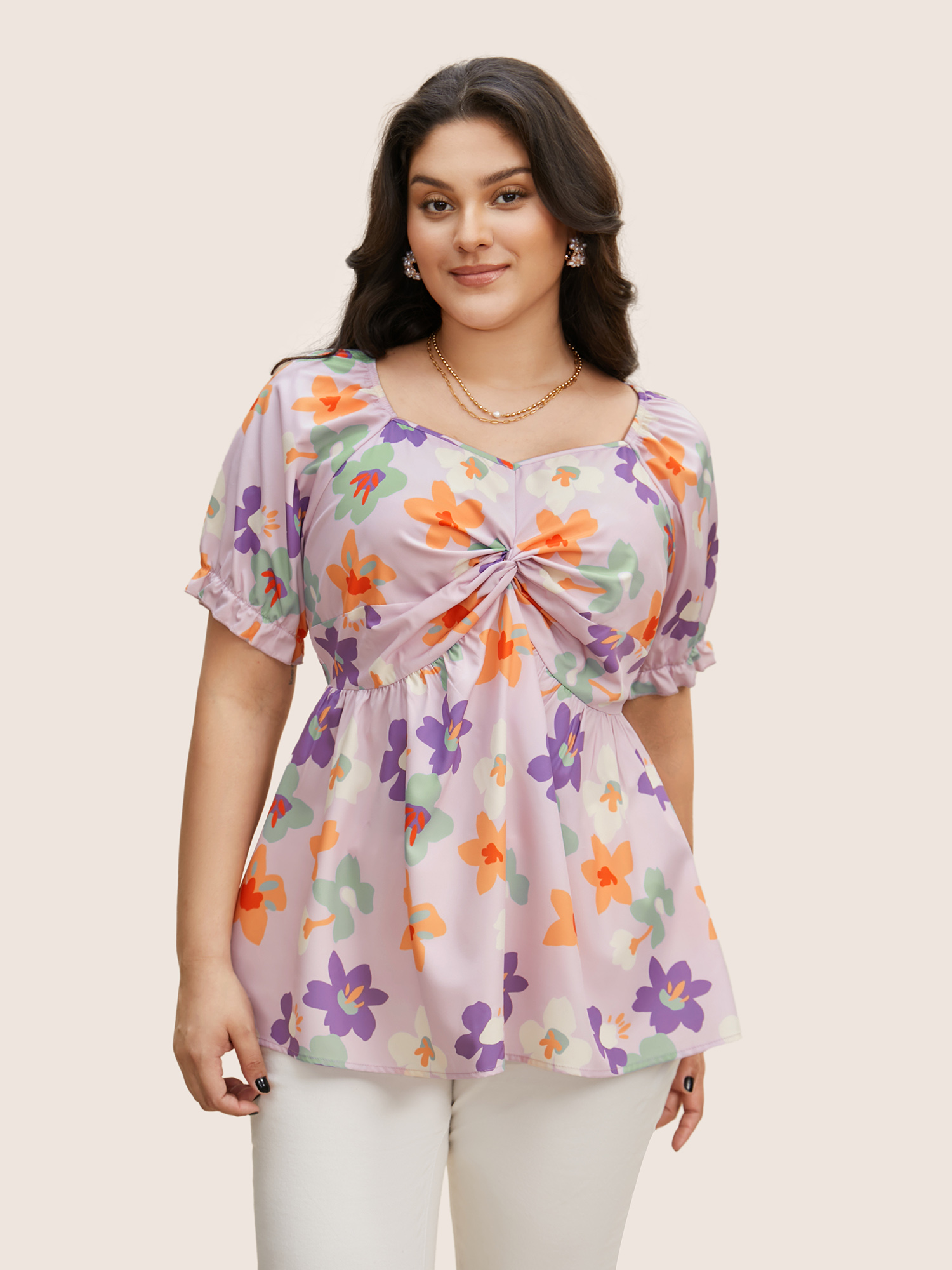 

Plus Size Lilac Floral Square Neck Twist Front Elastic Waist Blouse Women Resort Short sleeve V-neck Vacation Blouses BloomChic