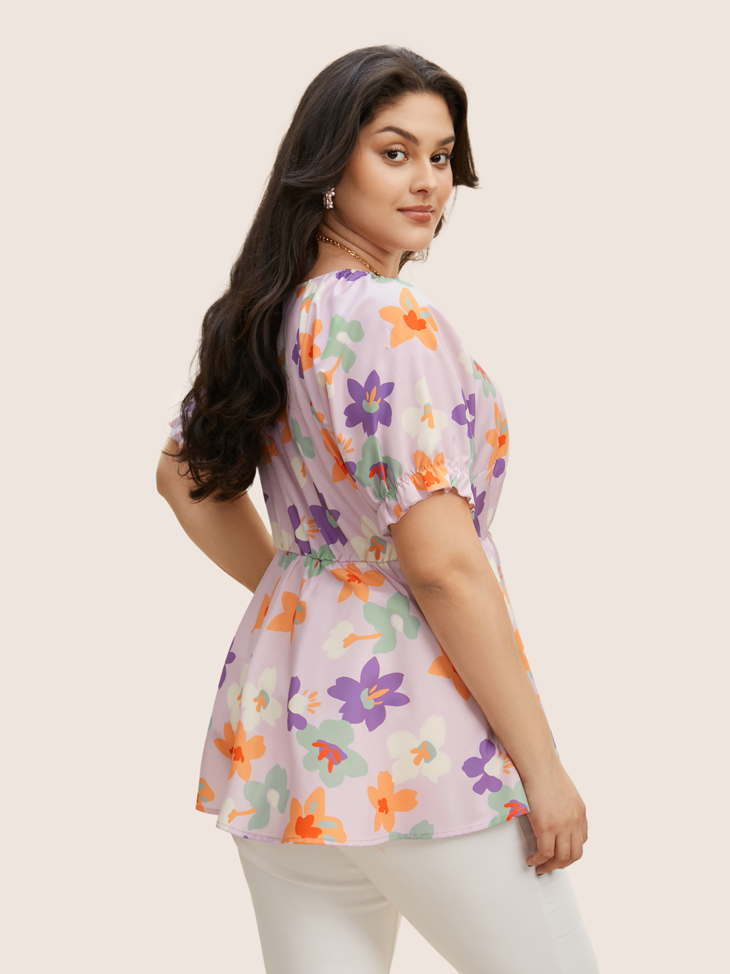 

Plus Size Lilac Floral Square Neck Twist Front Elastic Waist Blouse Women Resort Short sleeve V-neck Vacation Blouses BloomChic