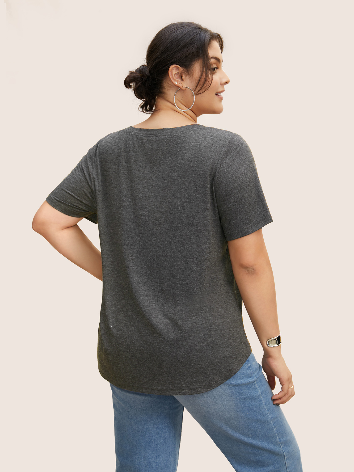 Plus Size Moon & Star Print Round Neck Curved Hem T-shirt DarkGray Women Casual Non Star and moon Round Neck Everyday T-shirts BloomChic 18-20/2X 