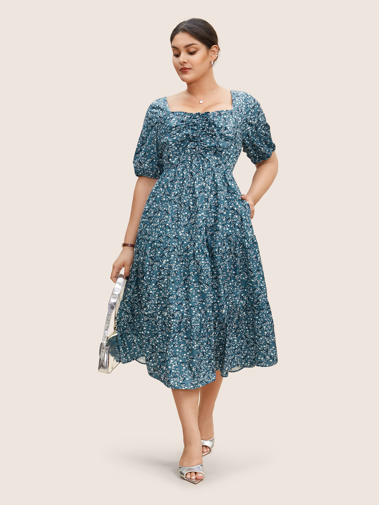 

Plus Size Ditsy Floral Ruffle Tiered Pocket Ruched Puff Sleeve Drawstring Dress Cerulean Women Non Square Neck Short sleeve Curvy BloomChic