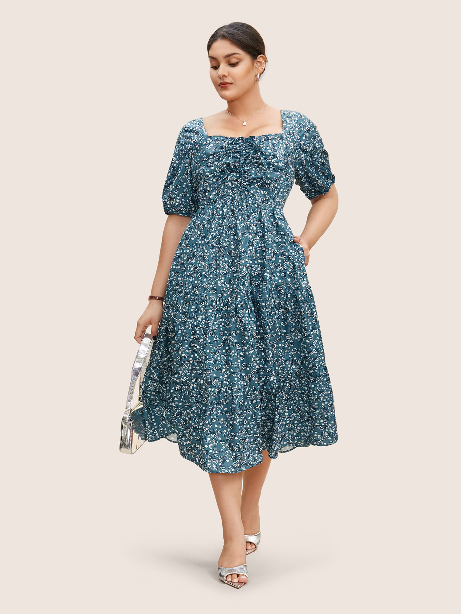 

Plus Size Ditsy Floral Ruffle Tiered Pocket Ruched Puff Sleeve Drawstring Dress Cerulean Women Elegant Non Square Neck Short sleeve Curvy BloomChic