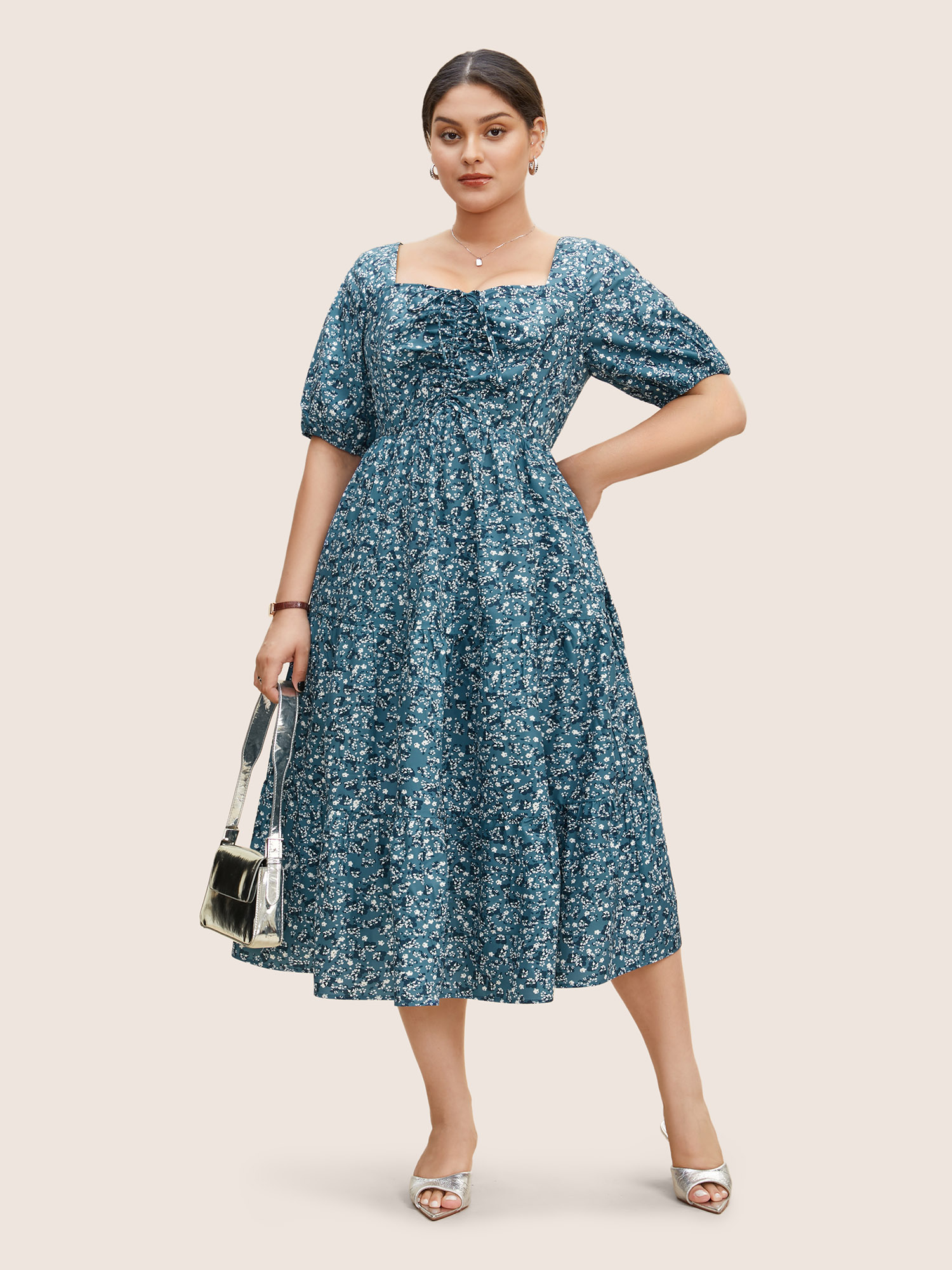

Plus Size Ditsy Floral Ruffle Tiered Pocket Ruched Puff Sleeve Drawstring Dress Cerulean Women Elegant Non Square Neck Short sleeve Curvy BloomChic