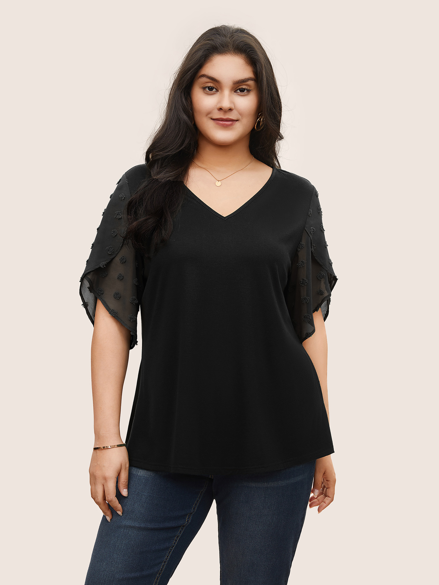 

Plus Size Plisse Chiffon Patchwork Petal Sleeve T-shirt Black Women Elegant Texture Plain V-neck Everyday T-shirts BloomChic