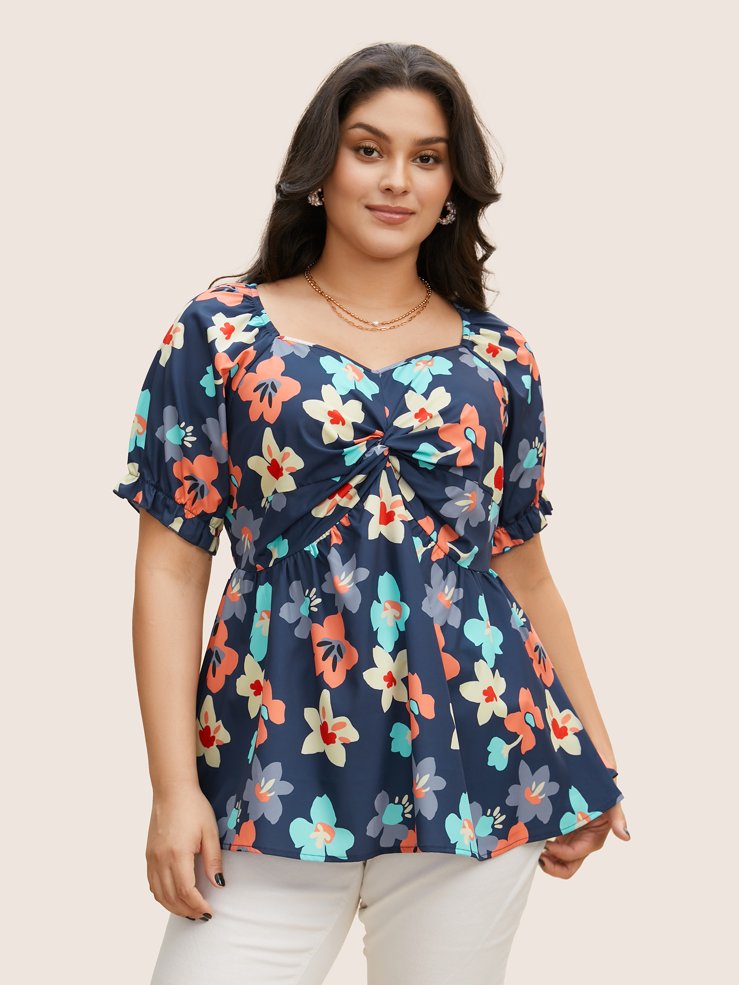 

Plus Size Navy Floral Square Neck Twist Front Elastic Waist Blouse Women Resort Short sleeve V-neck Vacation Blouses BloomChic