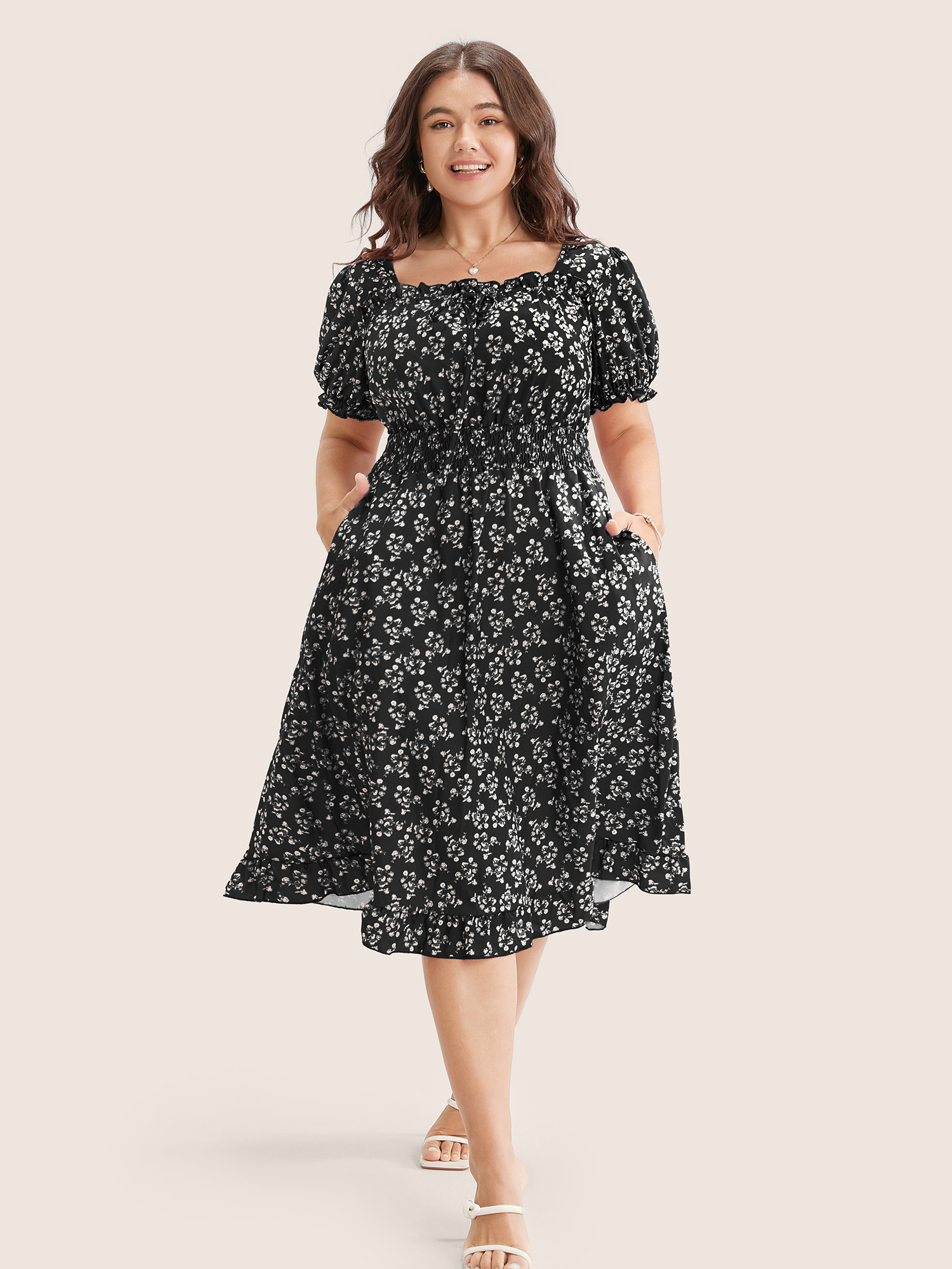 

Plus Size Ditsy Floral Shirred Ties Square Neck Frill Trim Puff Sleeve Dress Black Women Non Square Neck Short sleeve Curvy Knee Dress BloomChic