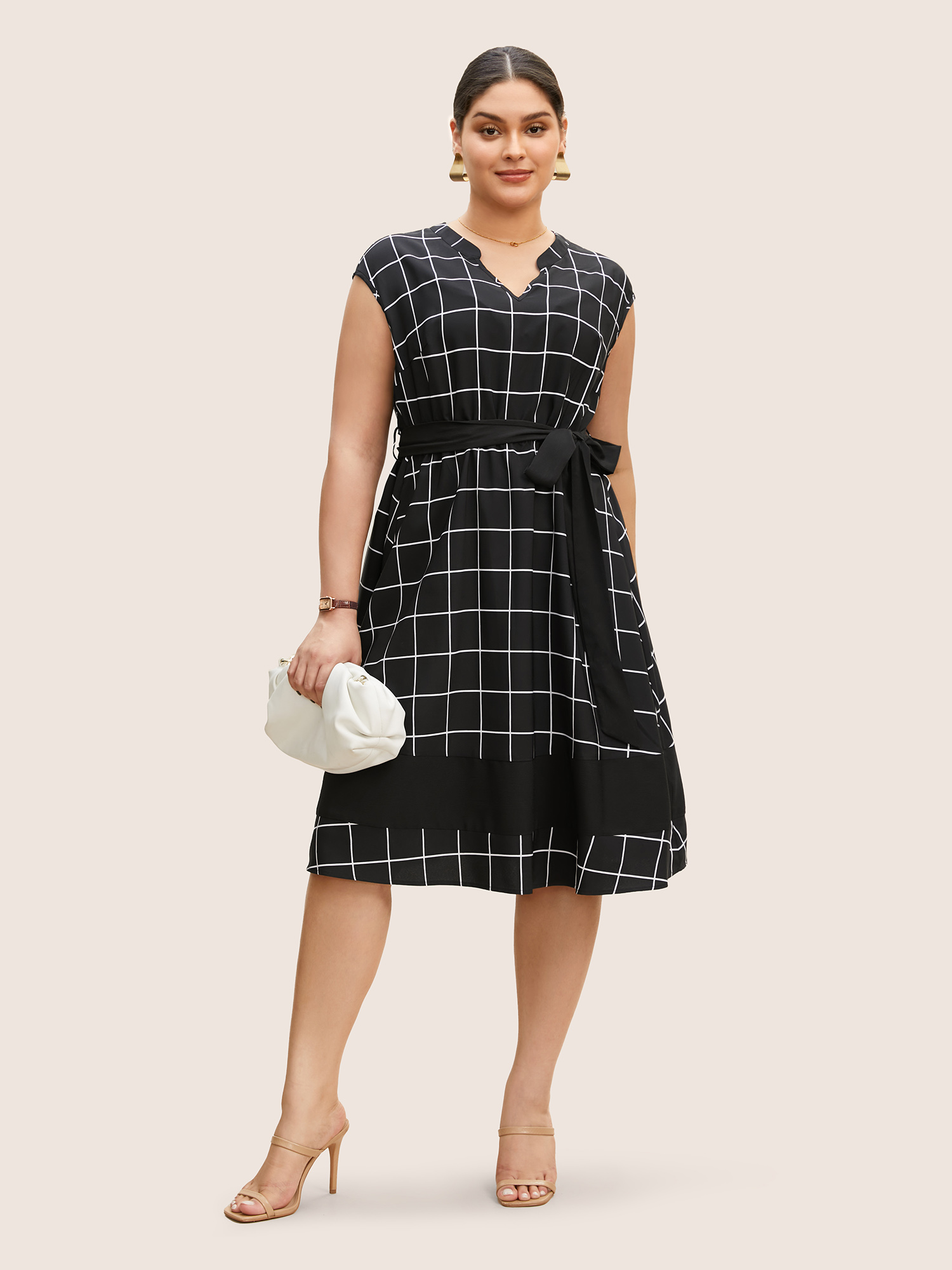 

Plus Size Plaid Notched Belted Cap Sleeve Midi Dress Black Women Belted Flat collar with V-notch Cap Sleeve Curvy BloomChic