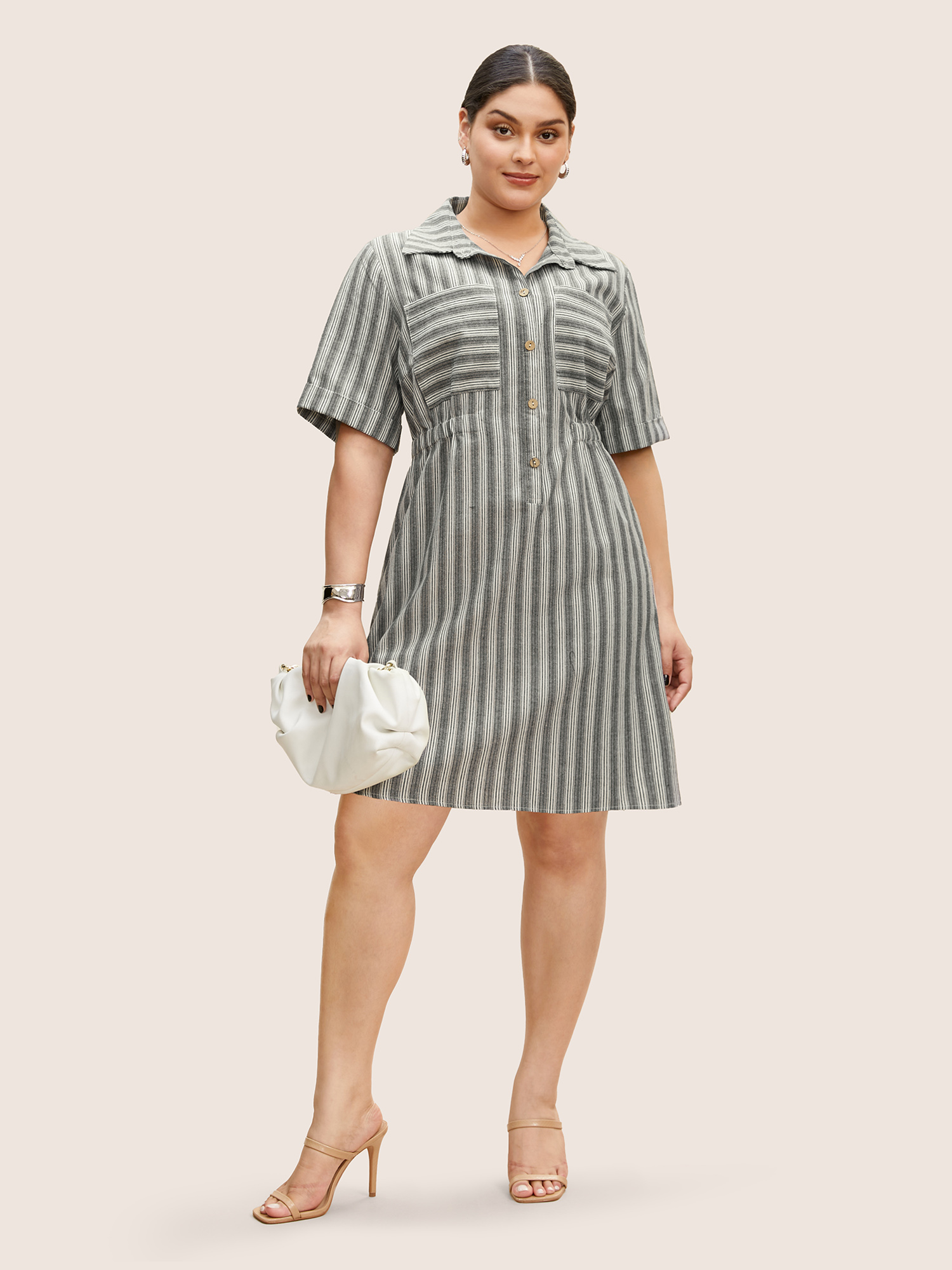

Plus Size Striped Button Up Patched Pocket Short Dress Mediumgray Women Gathered Shirt collar Half Sleeve Curvy BloomChic