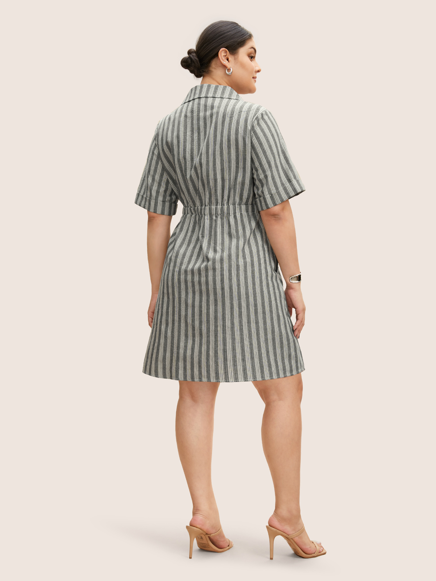 

Plus Size Striped Button Up Patched Pocket Short Dress Mediumgray Women Work From Home Gathered Shirt collar Half Sleeve Curvy BloomChic