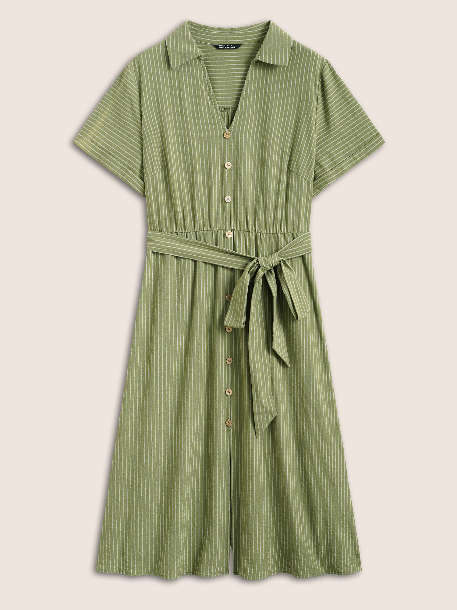 

Plus Size Striped Button Detail Belted Midi Dress Sage Women Belted Shirt collar Sleeveless Curvy BloomChic