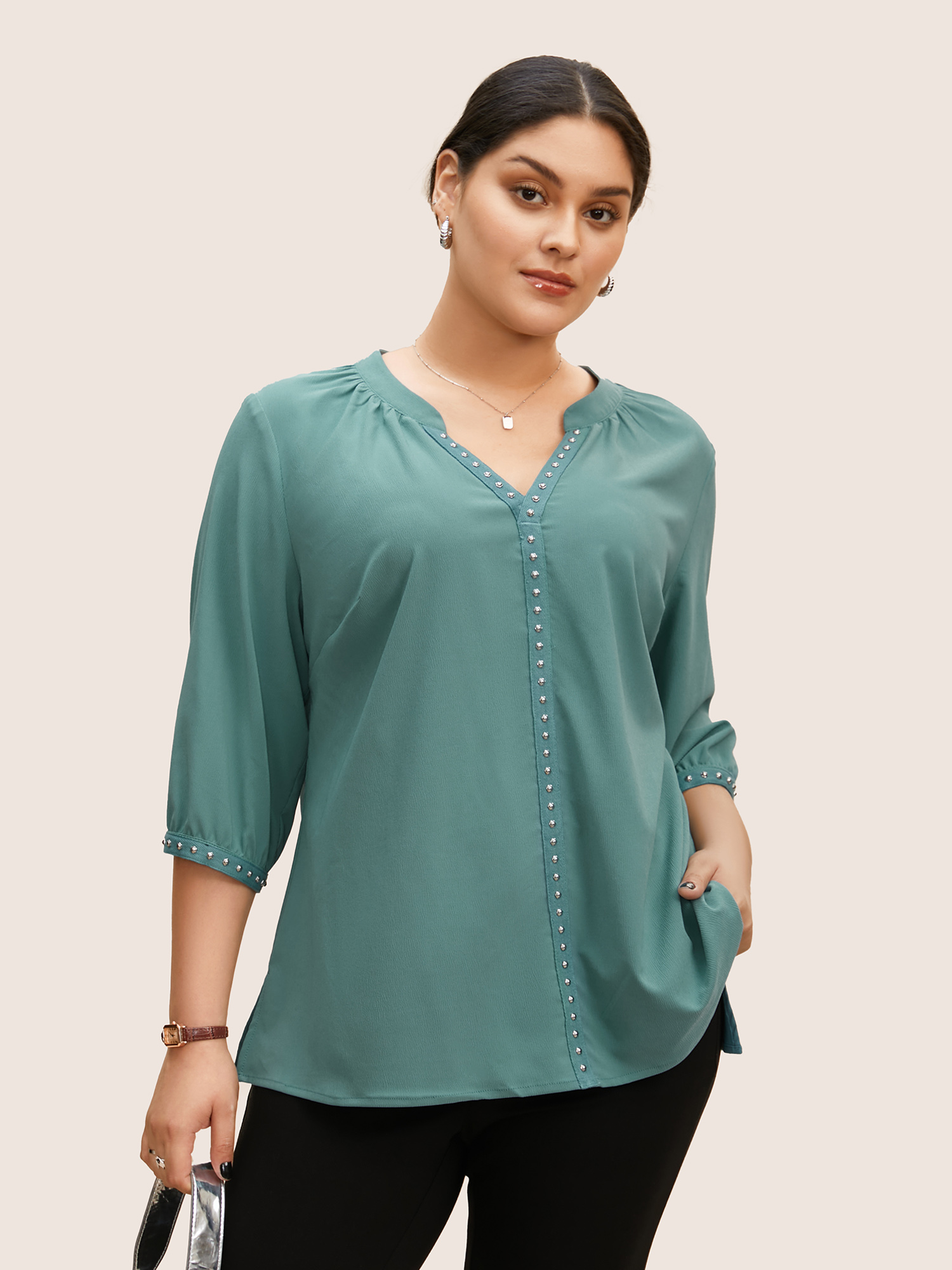 

Plus Size Teal V Neck Woven Ribbon Lantern Sleeve Blouse Women Work From Home Elbow-length sleeve V-neck Work Blouses BloomChic