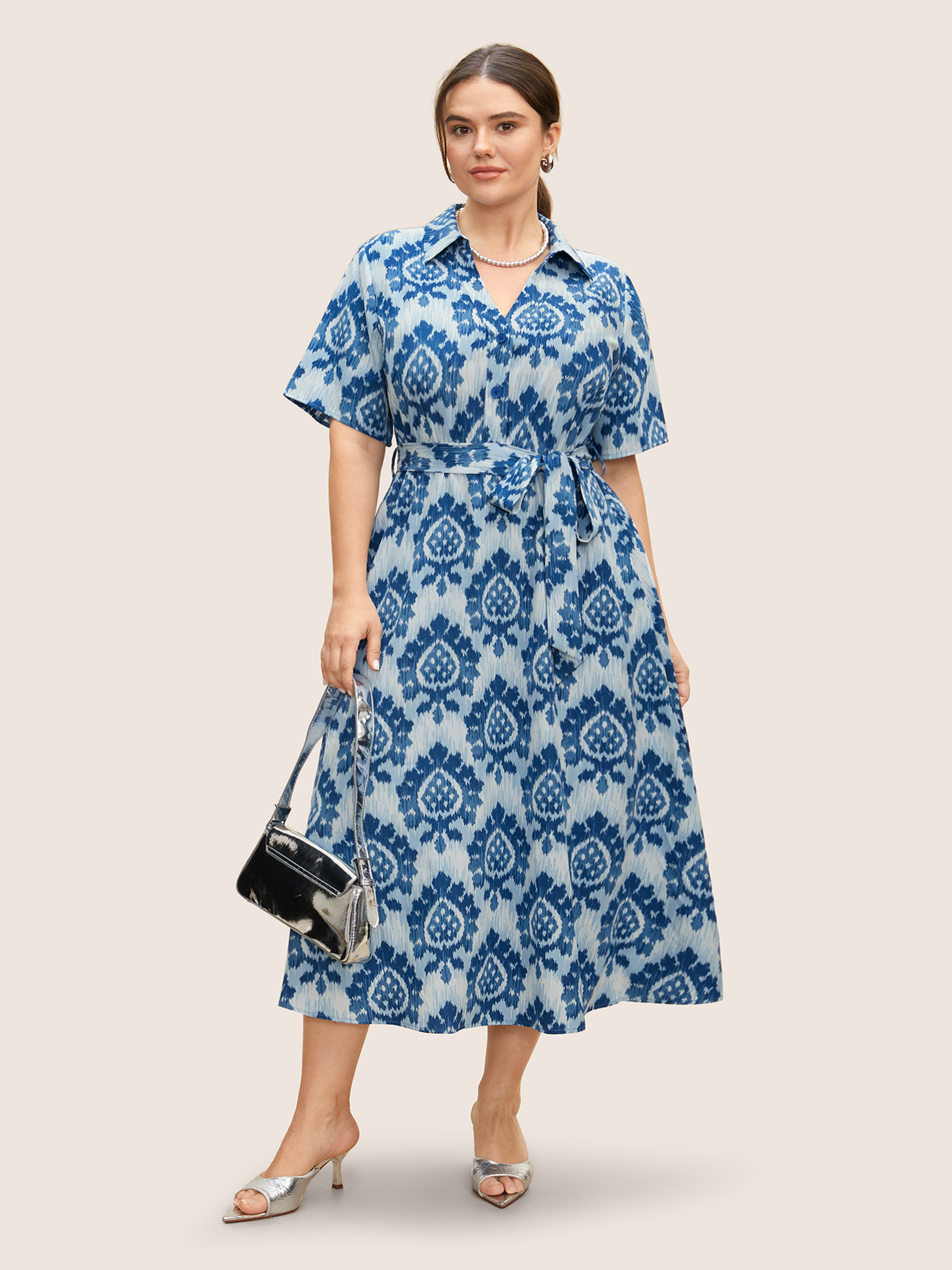 

Plus Size Bandana Print Shirt Collar Belted Midi Dress LightBlue Women Belted Shirt collar Short sleeve Curvy BloomChic