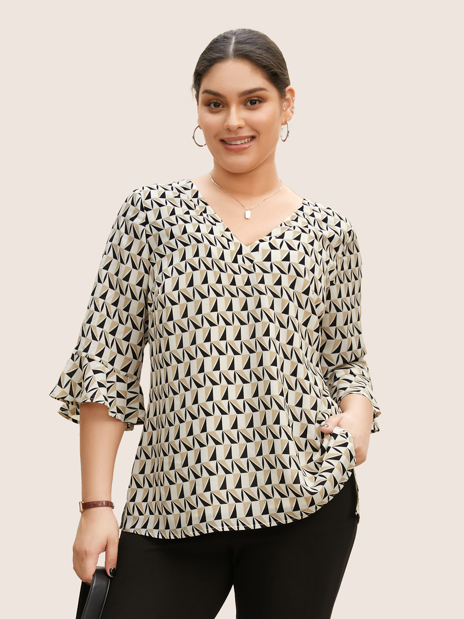 

Plus Size Black Geometric V Neck Flutter Sleeve Blouse Women Workwear Essentials Elbow-length sleeve V-neck Work Blouses BloomChic